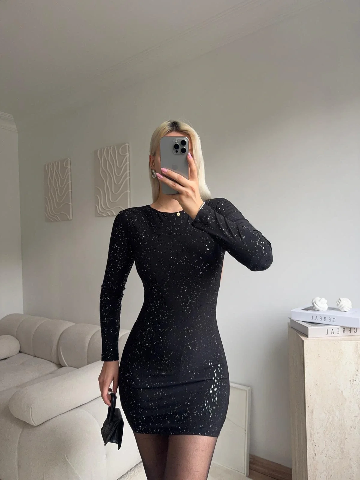 Sırt Dekolte Simli Elbise - SİYAH