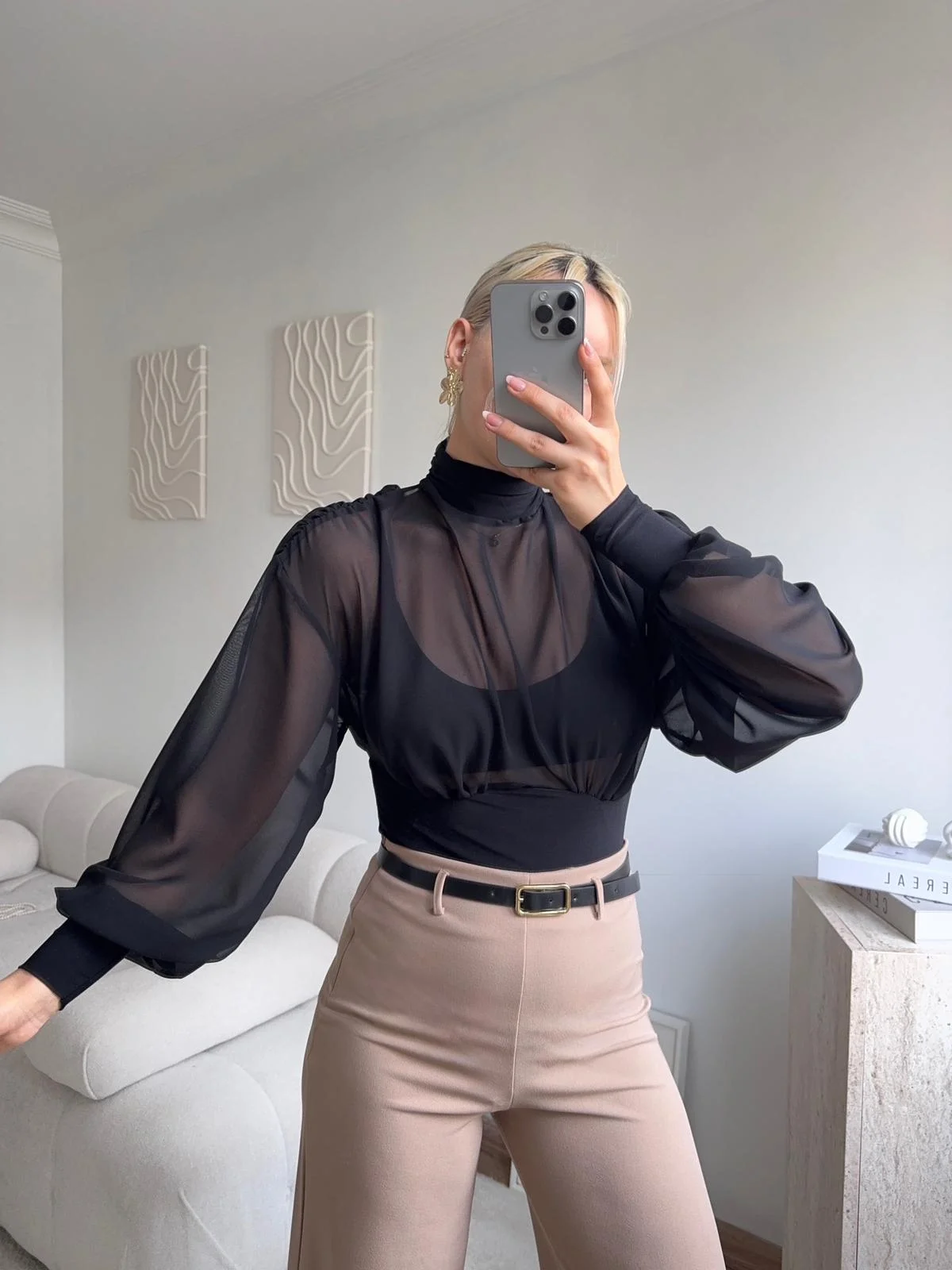 Sırt Dekolteli Şifon Bodysuit - SİYAH