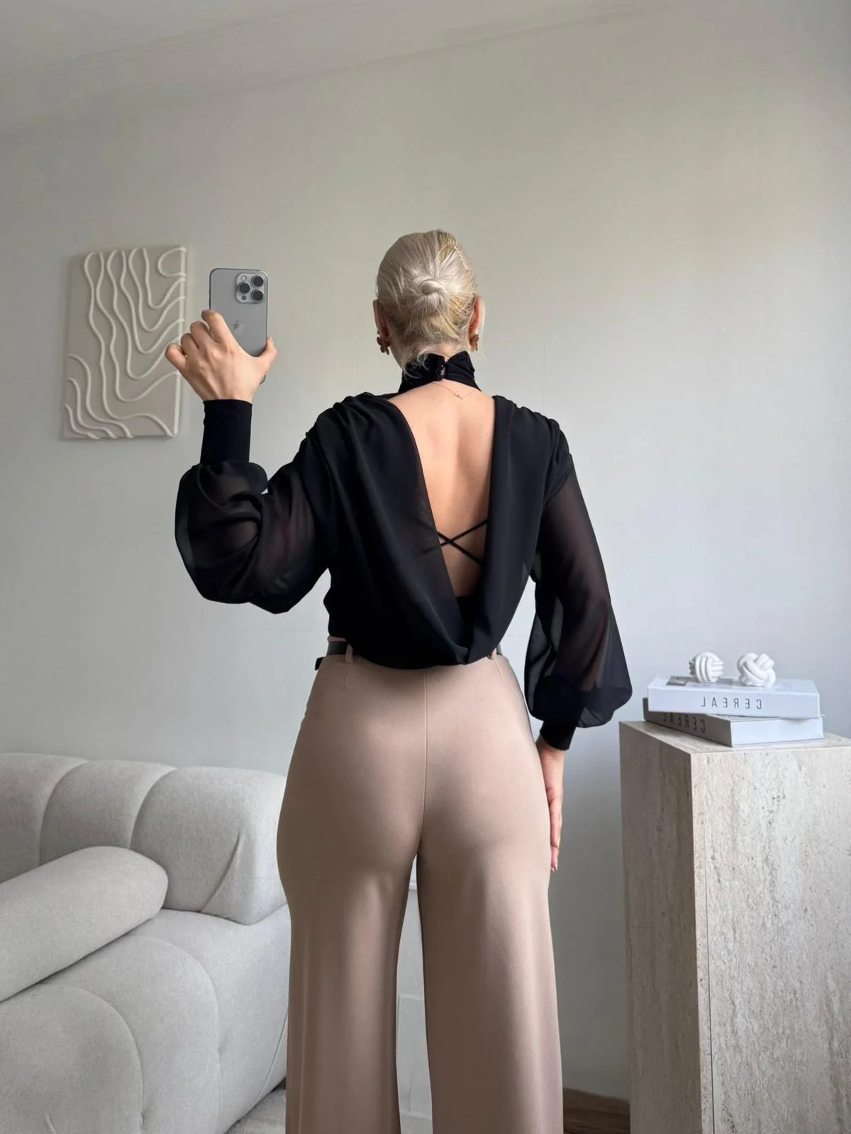 Sırt Dekolteli Şifon Bodysuit - SİYAH