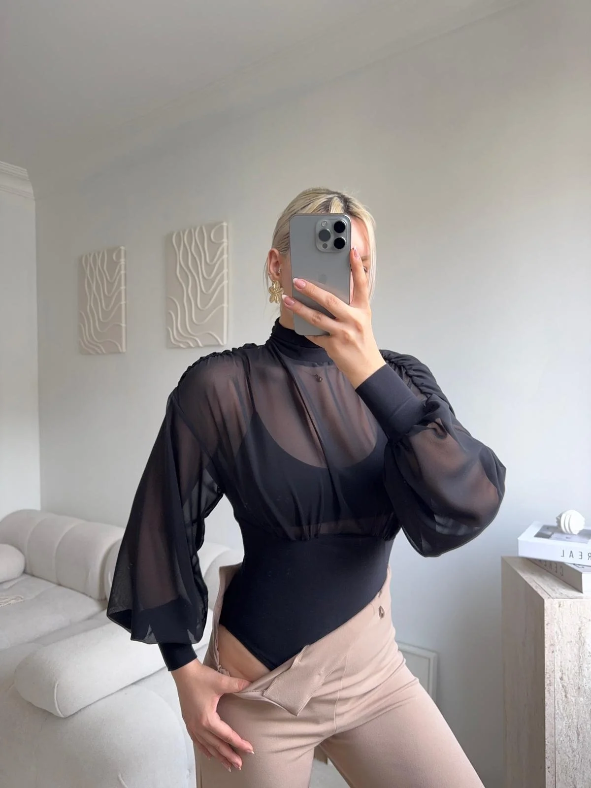 Sırt Dekolteli Şifon Bodysuit - SİYAH