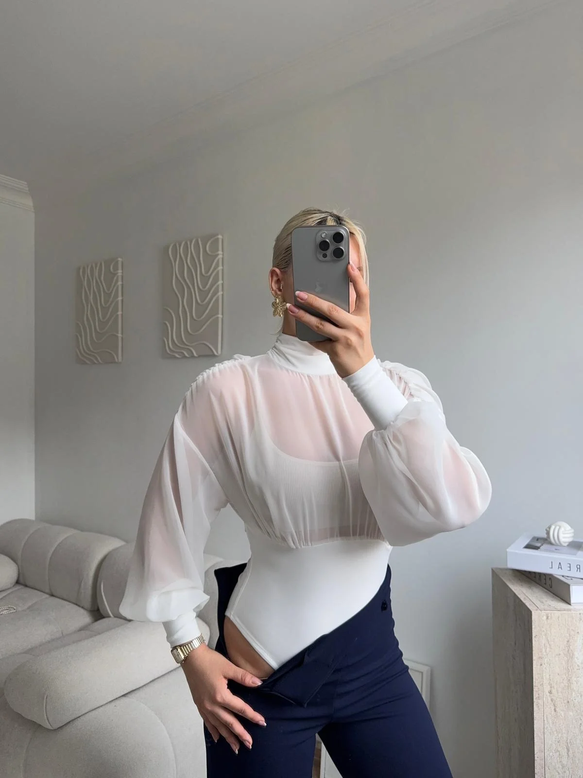 Sırt Dekolteli Şifon Bodysuit - BEYAZ