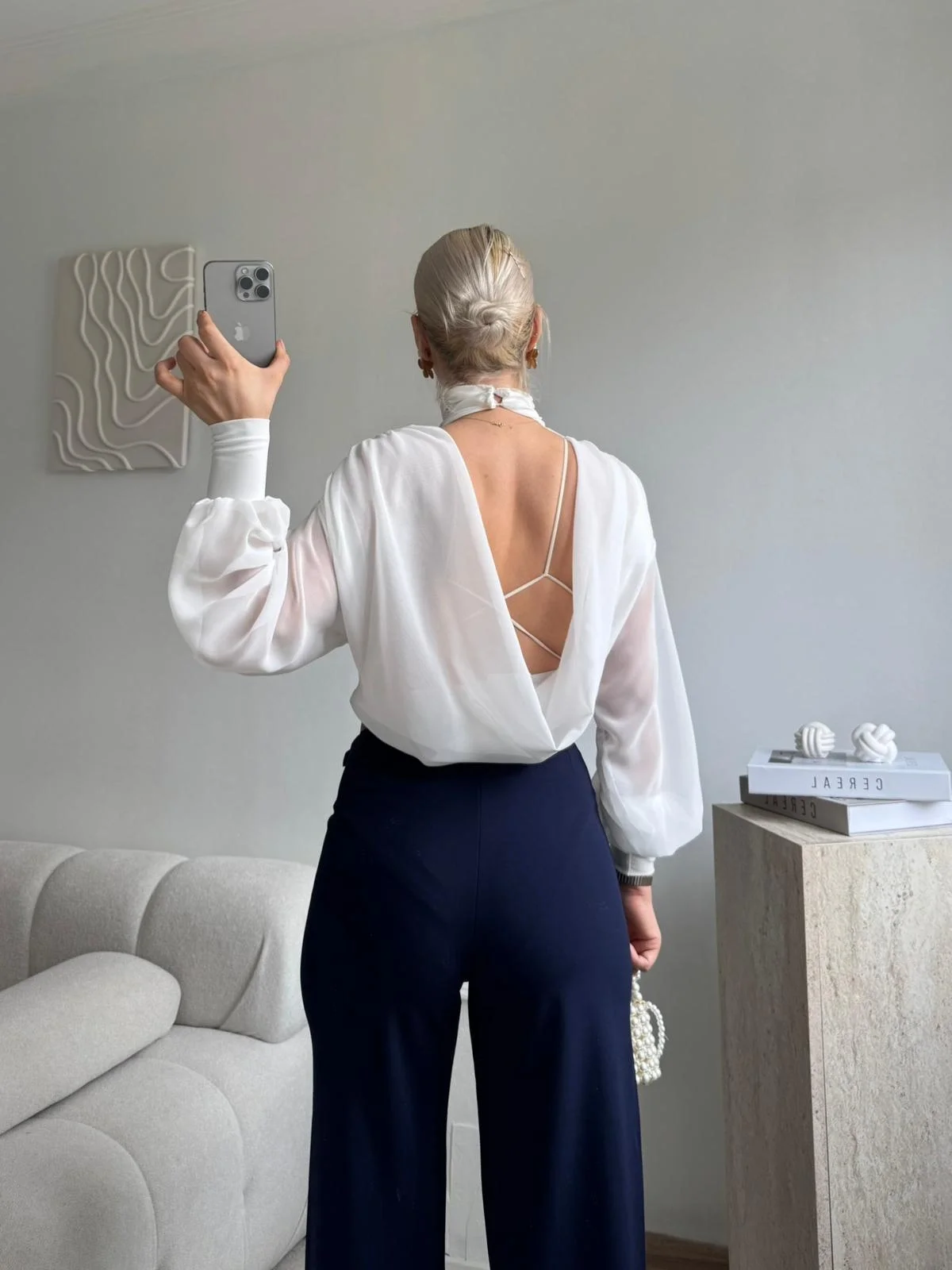 Sırt Dekolteli Şifon Bodysuit - BEYAZ