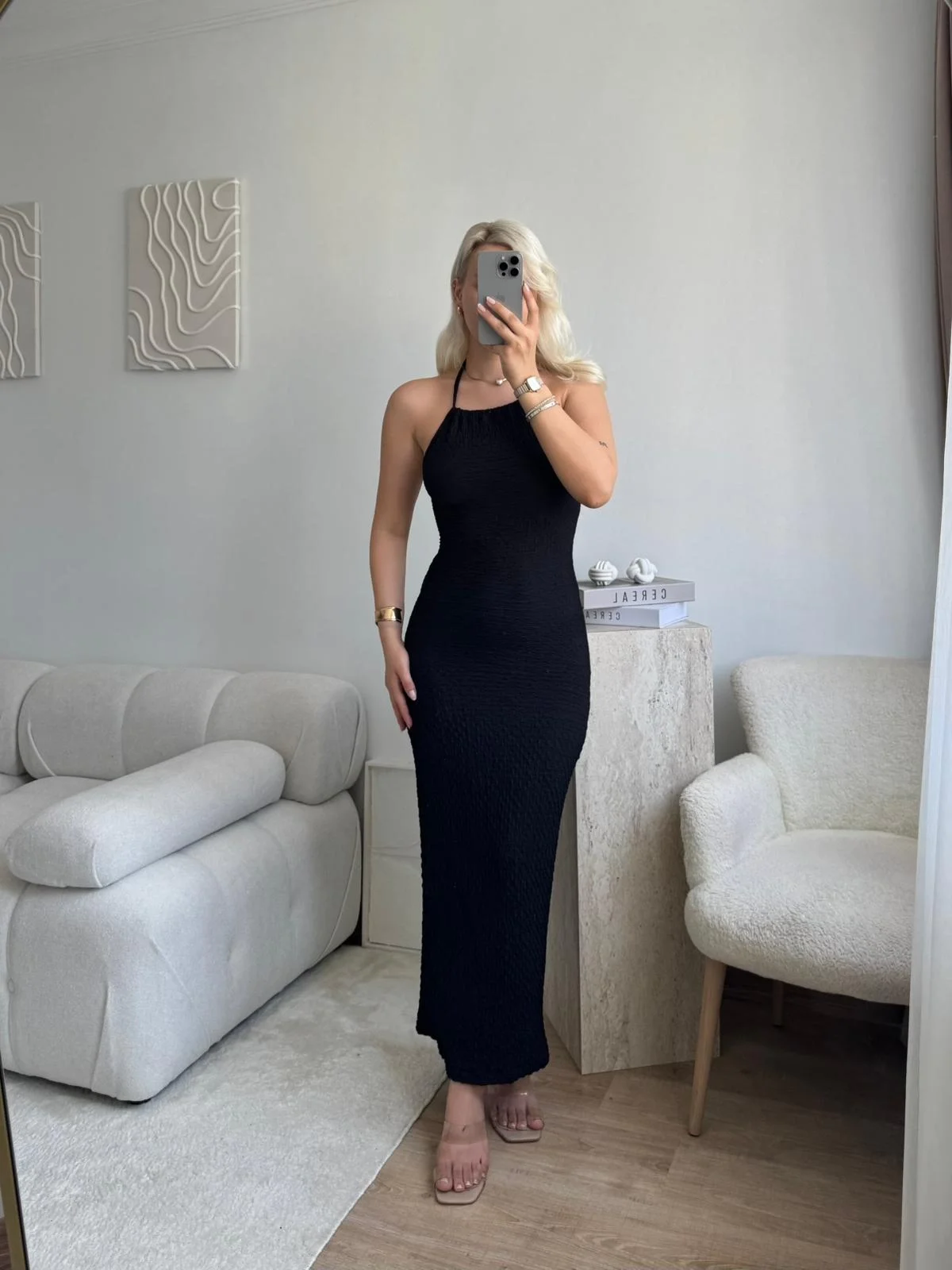 Sırt Detaylı Dokulu Maxi Elbise - SİYAH