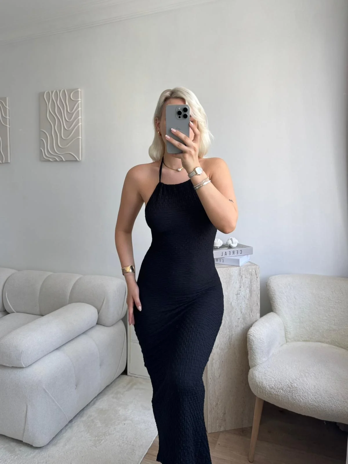 Sırt Detaylı Dokulu Maxi Elbise - SİYAH