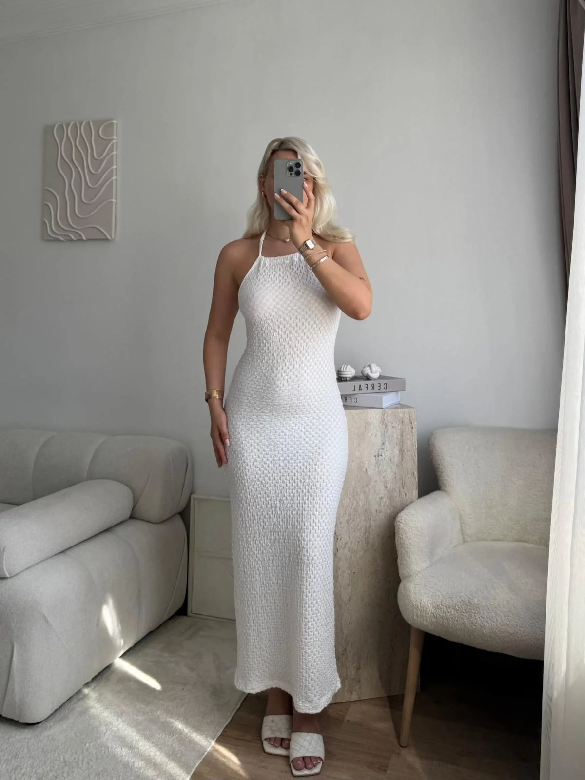 Sırt Detaylı Dokulu Maxi Elbise - BEYAZ