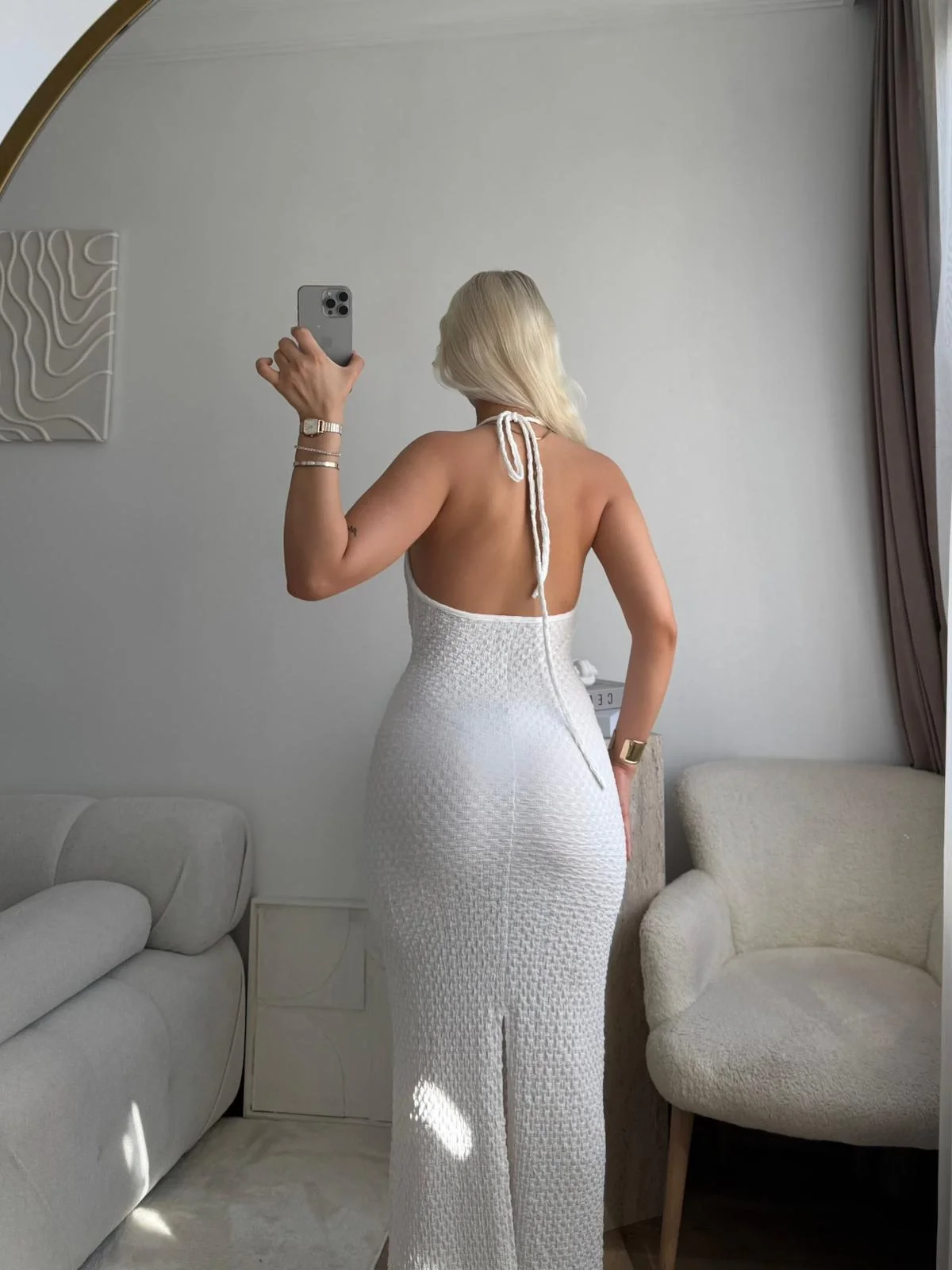 Sırt Detaylı Dokulu Maxi Elbise - BEYAZ