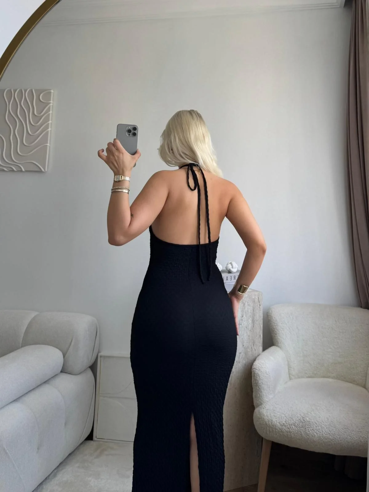 Sırt Detaylı Dokulu Maxi Elbise - SİYAH