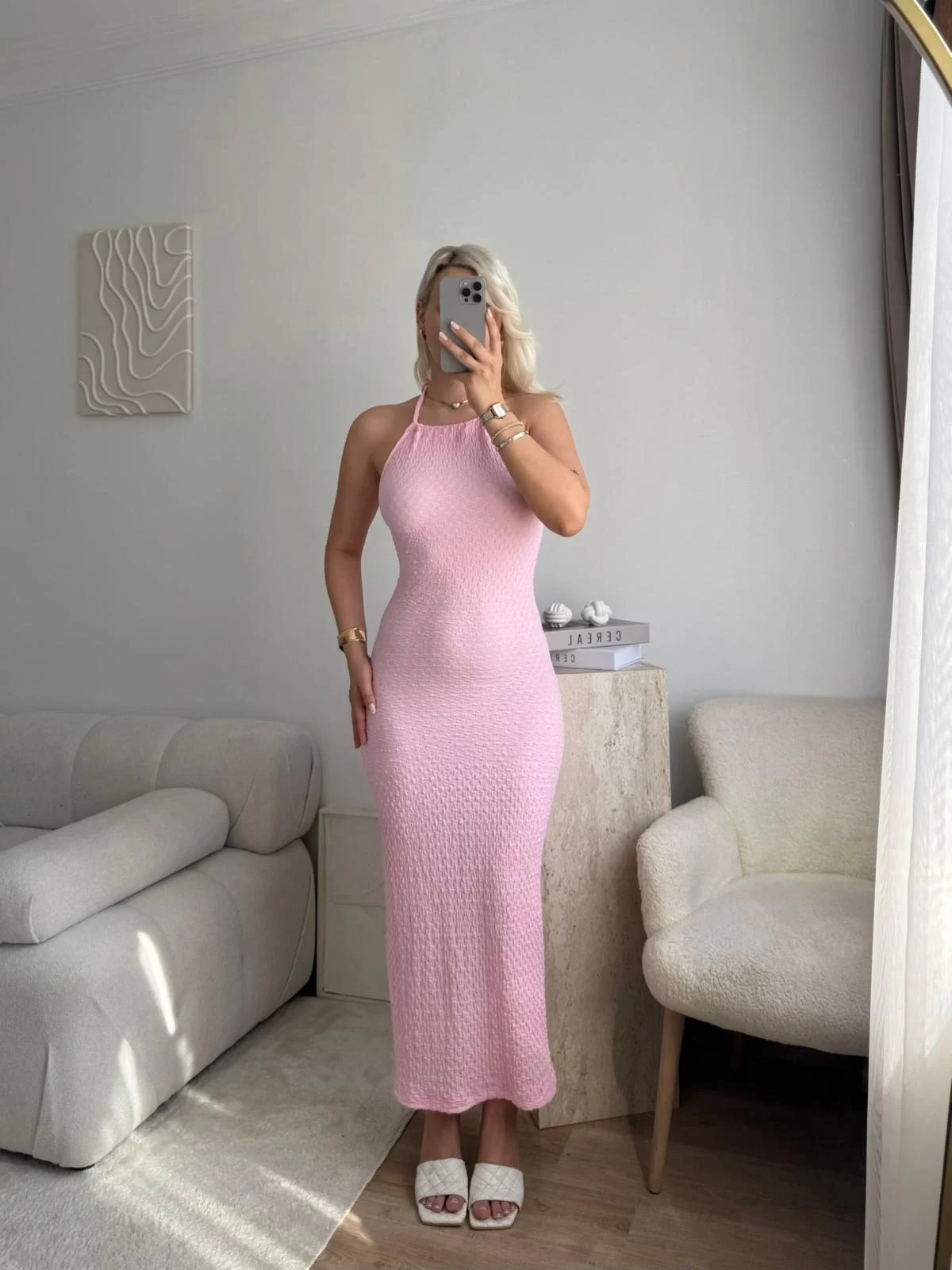 Sırt Detaylı Dokulu Maxi Elbise - PEMBE