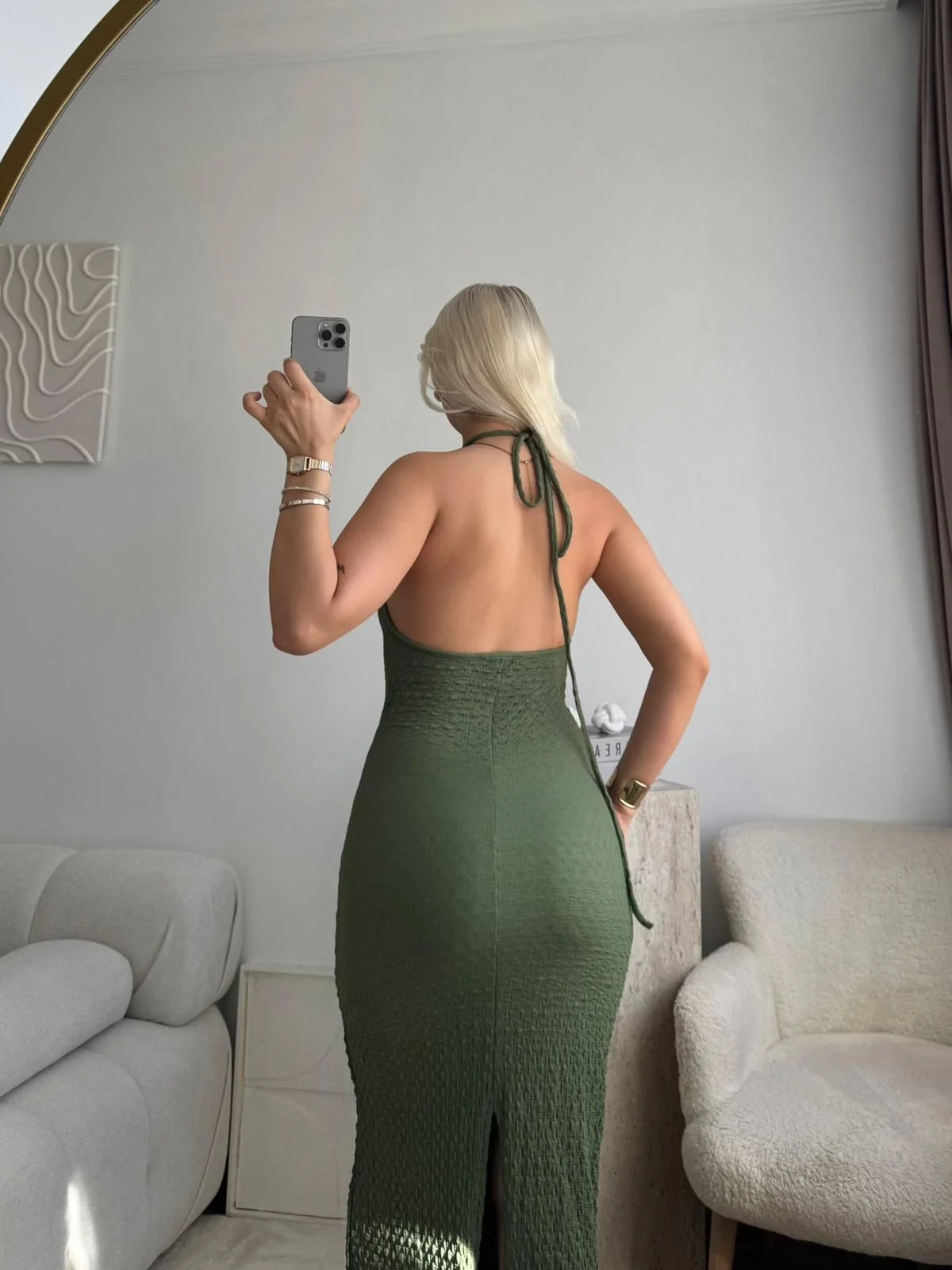 Sırt Detaylı Dokulu Maxi Elbise - YEŞİL