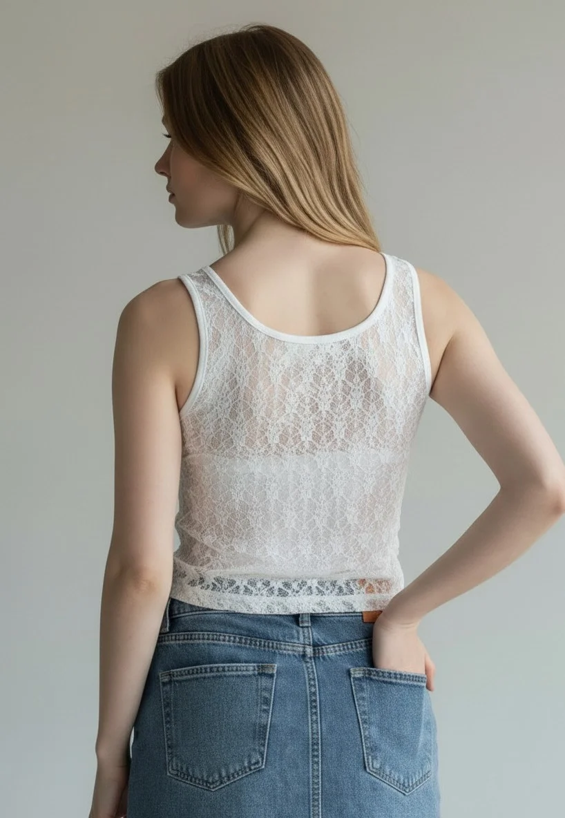 Sırt Güpürlü Kolsuz Crop - BEYAZ