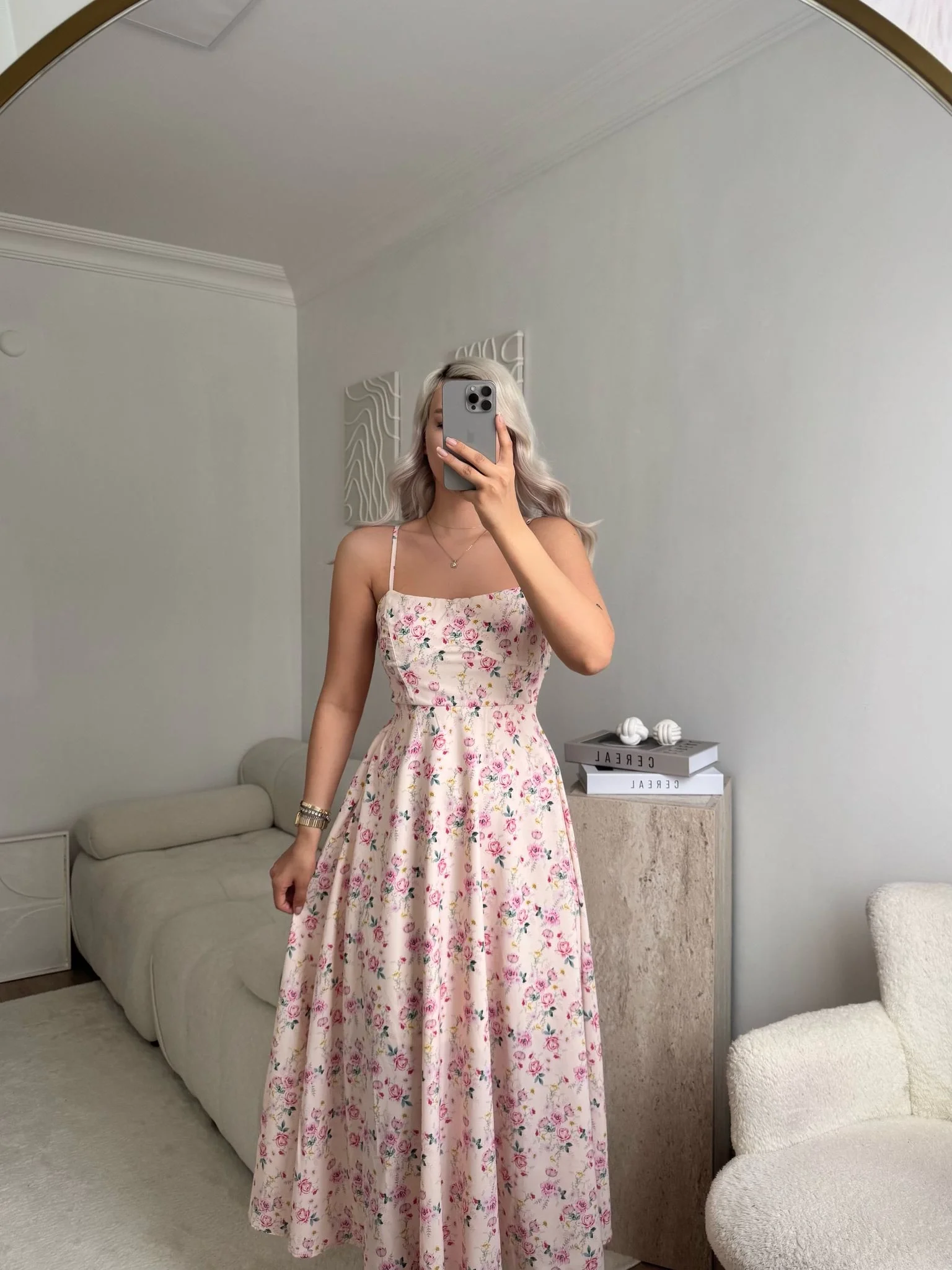 Smock Sırt Detaylı Çiçekli Elbise - AÇIK PUDRA