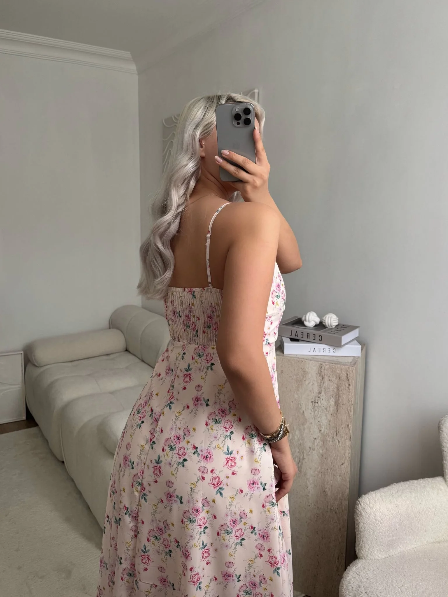 Smock Sırt Detaylı Çiçekli Elbise - AÇIK PUDRA