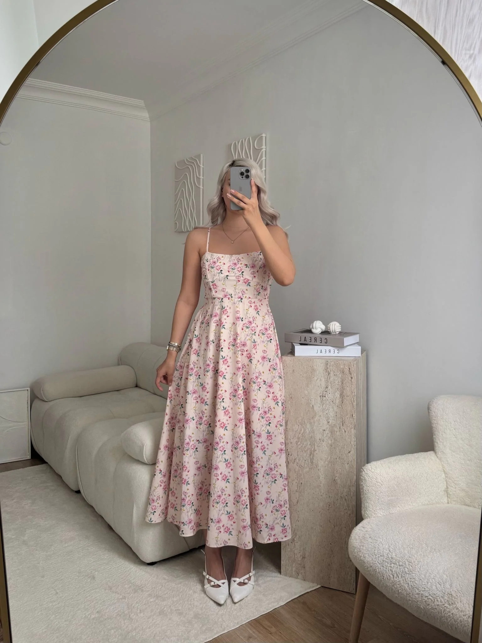 Smock Sırt Detaylı Çiçekli Elbise - AÇIK PUDRA