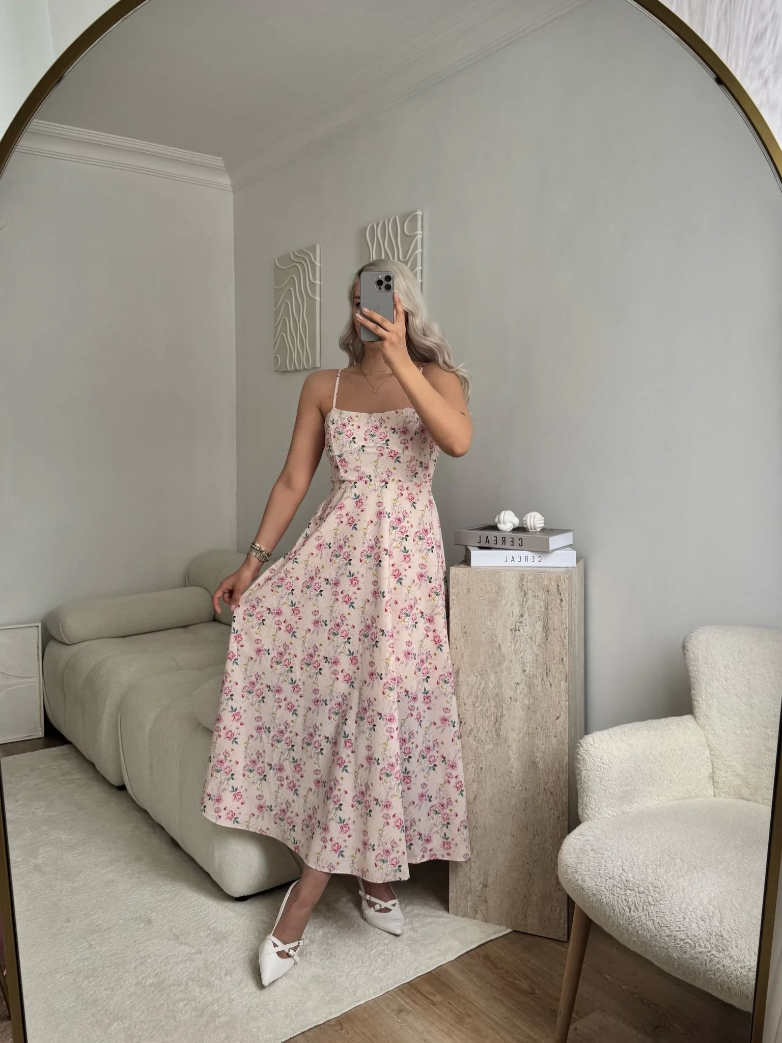 Smock Sırt Detaylı Çiçekli Elbise - AÇIK PUDRA