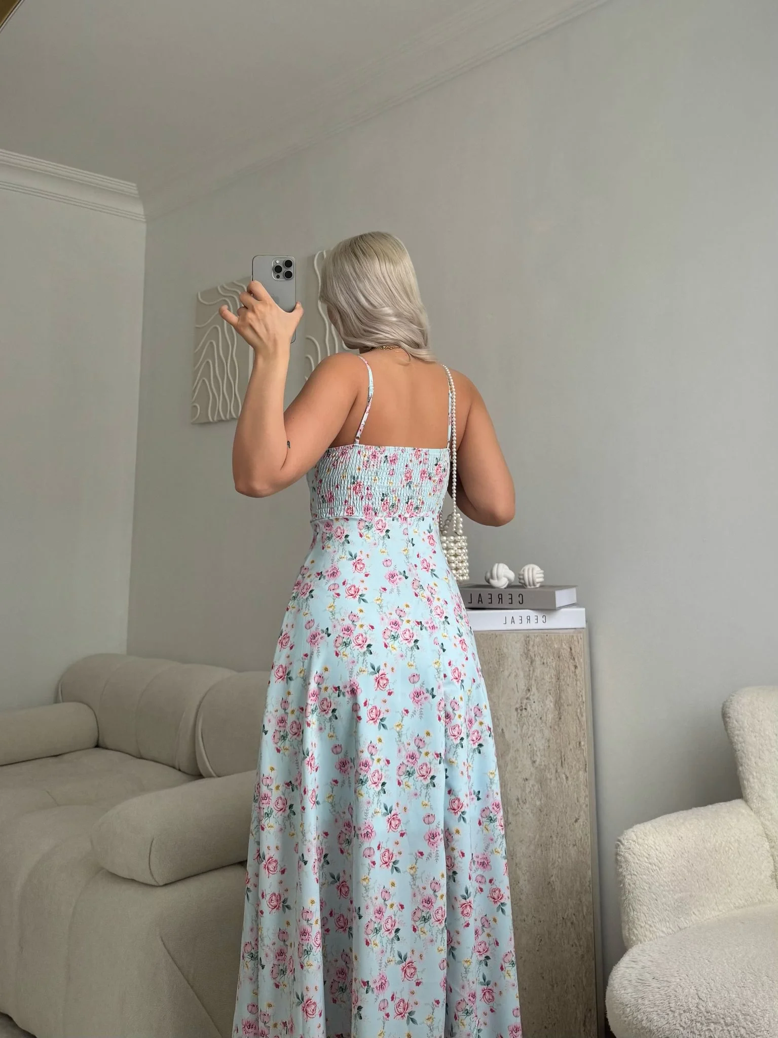 Smock Sırt Detaylı Çiçekli Elbise - MAVİ