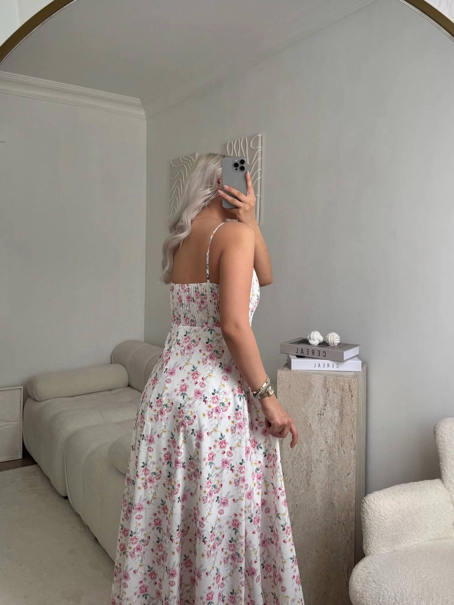 Smock Sırt Detaylı Çiçekli Elbise - BEYAZ