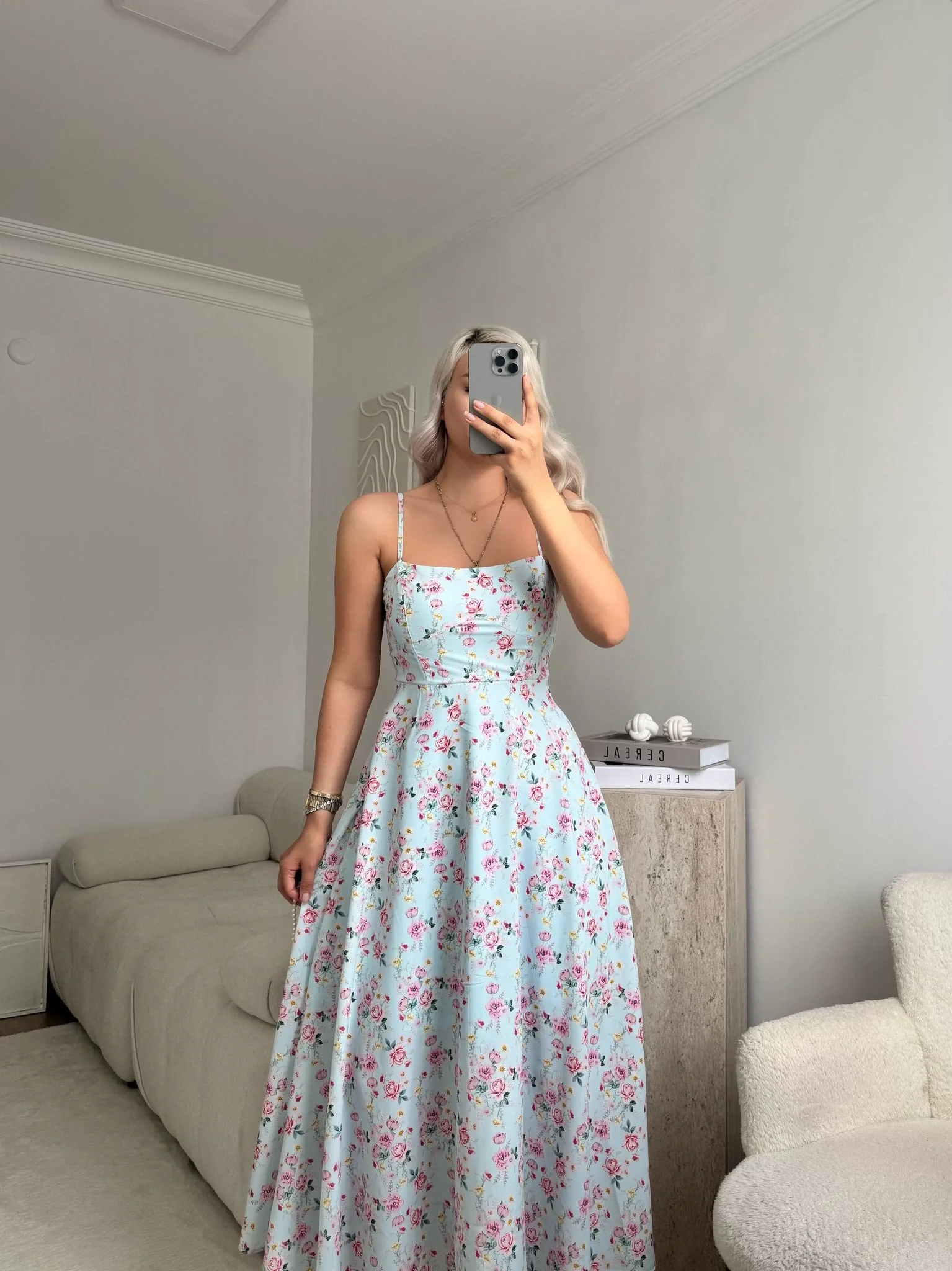 Smock Sırt Detaylı Çiçekli Elbise - MAVİ