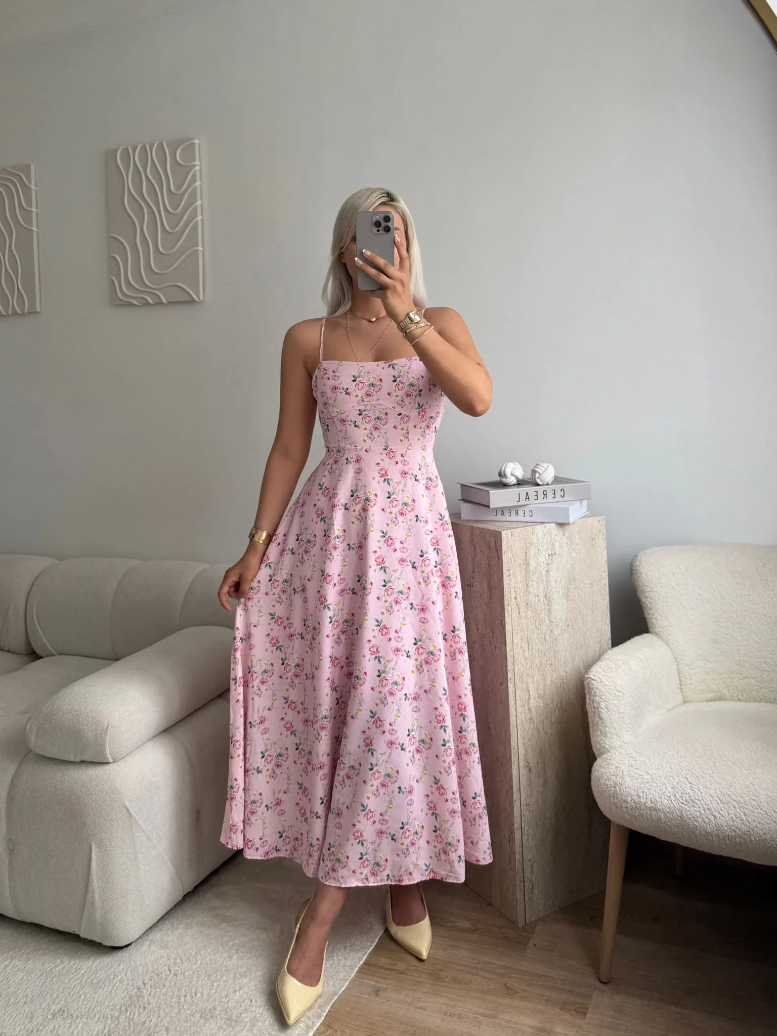 Smock Sırt Detaylı Çiçekli Elbise - PEMBE