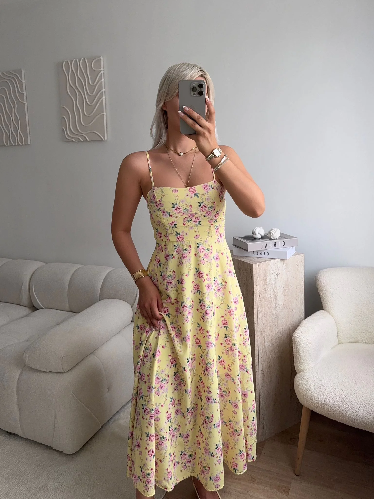 Smock Sırt Detaylı Çiçekli Elbise - SARI