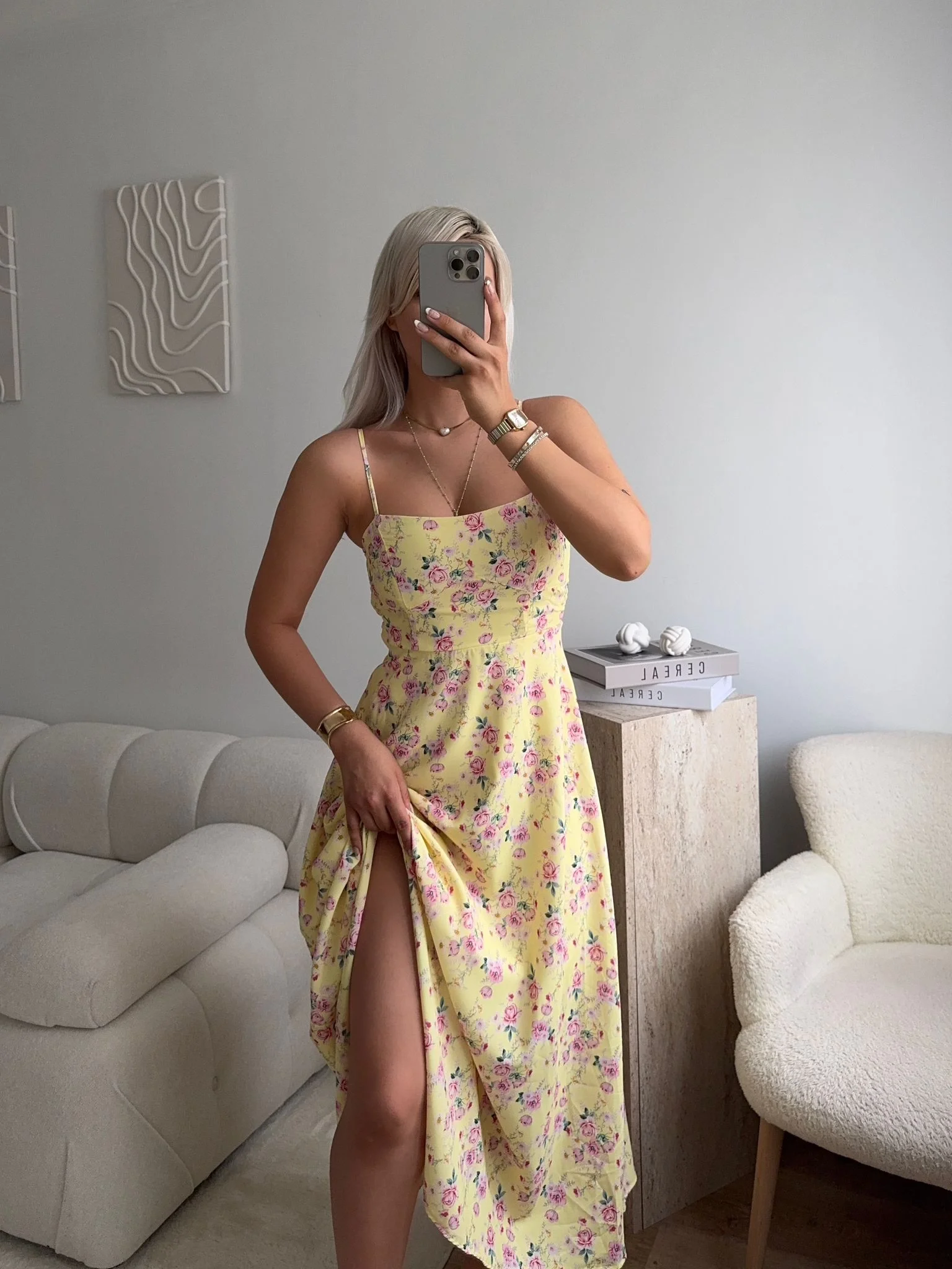 Smock Sırt Detaylı Çiçekli Elbise - SARI