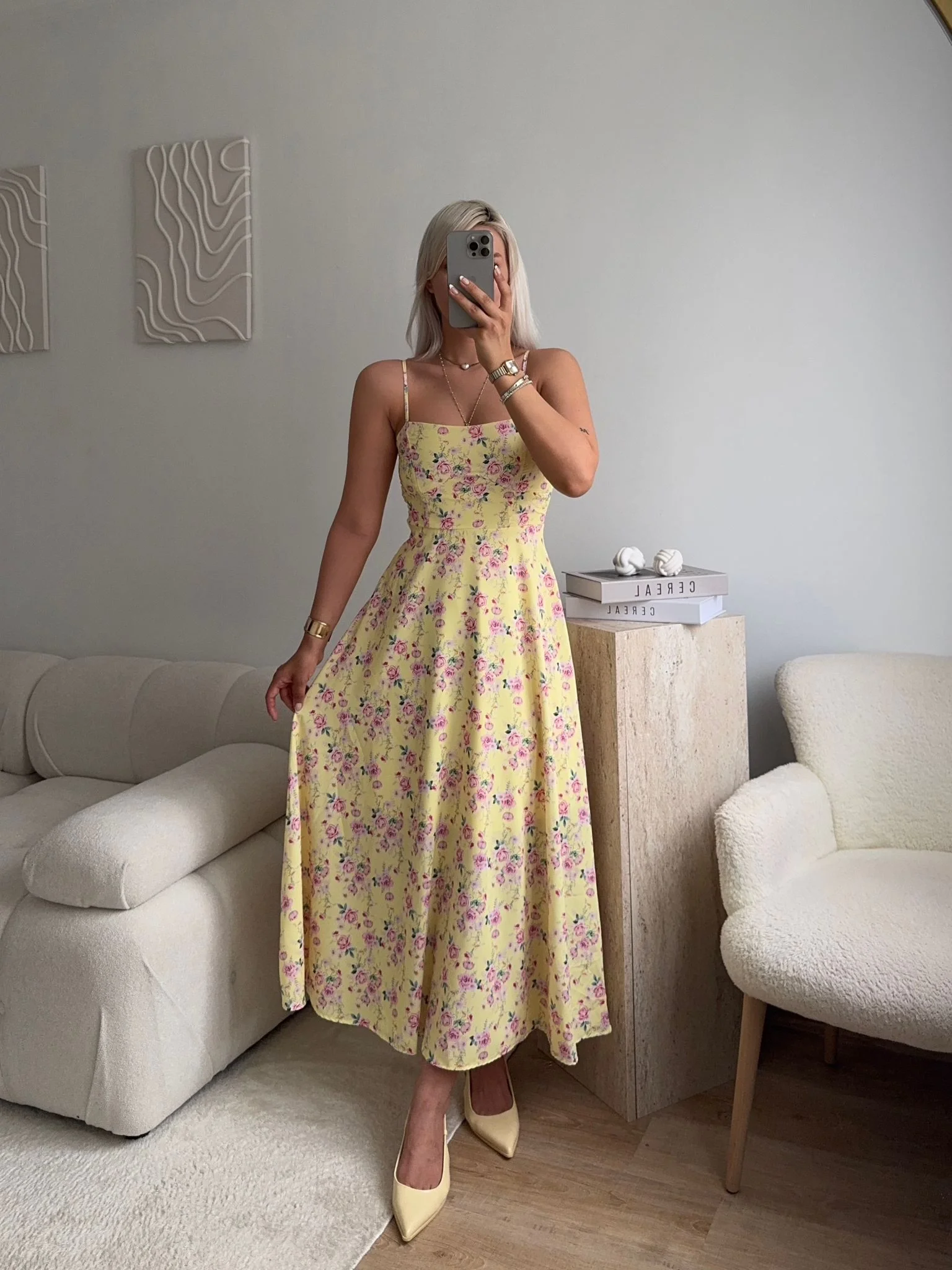 Smock Sırt Detaylı Çiçekli Elbise - SARI