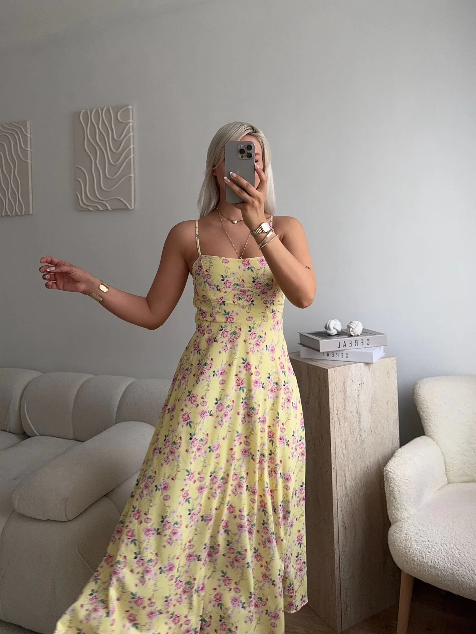 Smock Sırt Detaylı Çiçekli Elbise - SARI