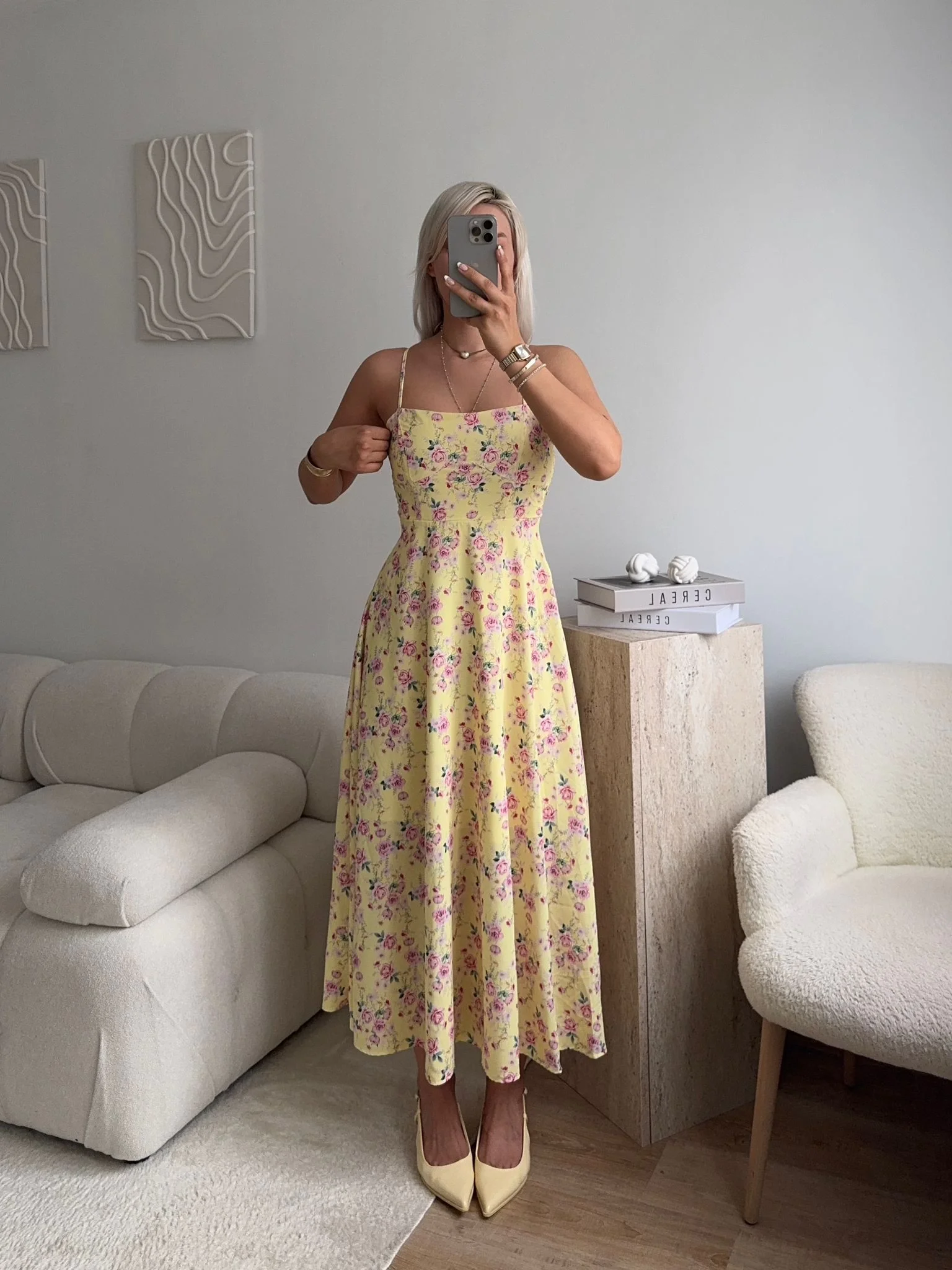 Smock Sırt Detaylı Çiçekli Elbise - SARI