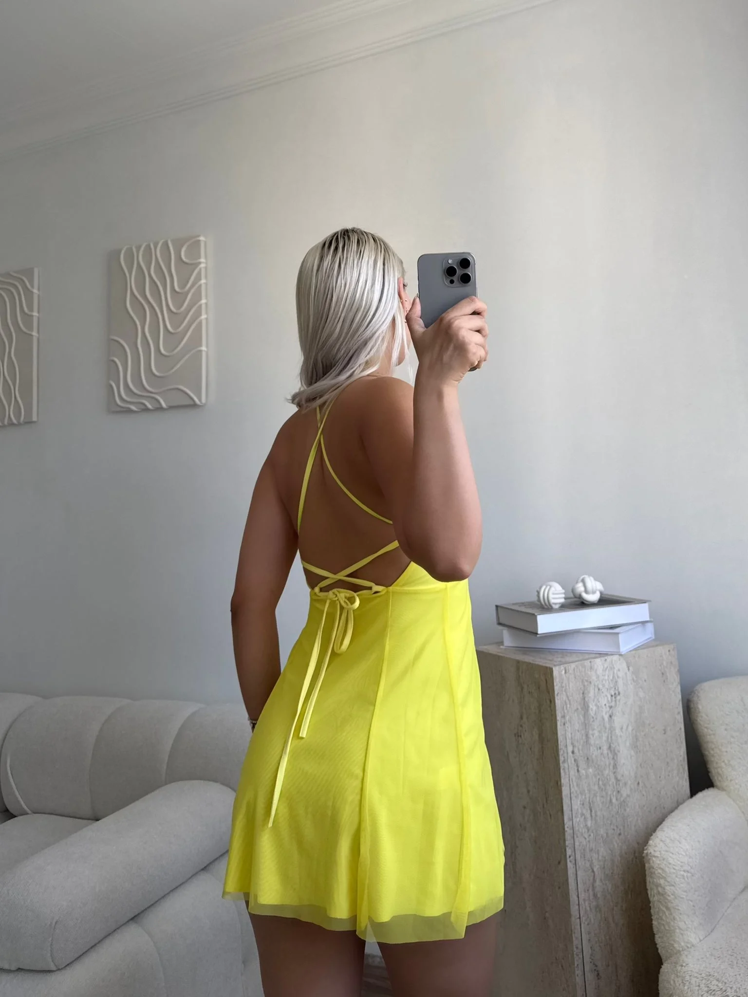 Solar Glow İnce Askılı Mini Elbise - SARI