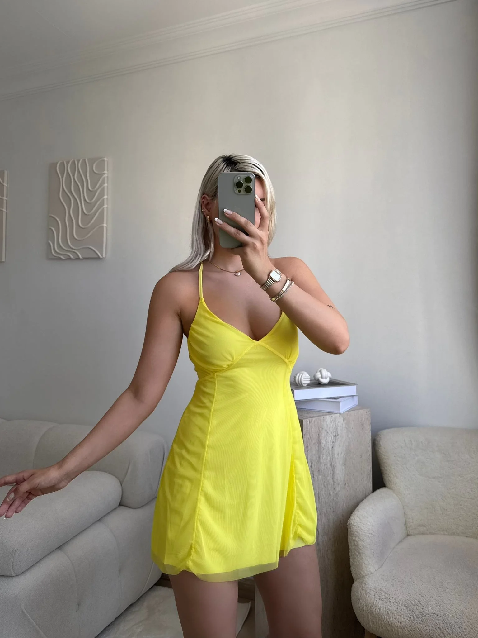 Solar Glow İnce Askılı Mini Elbise - SARI