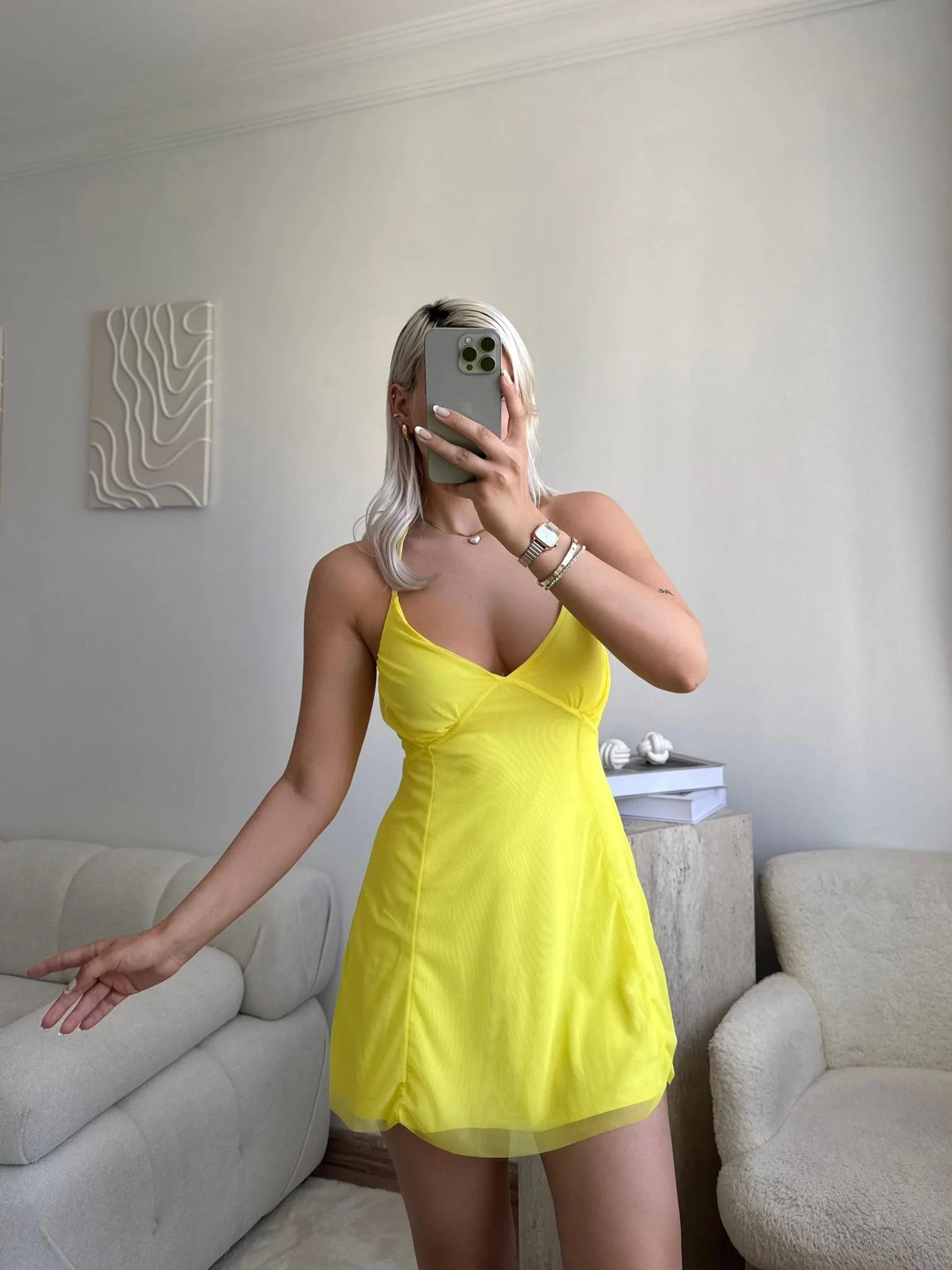 Solar Glow İnce Askılı Mini Elbise - SARI