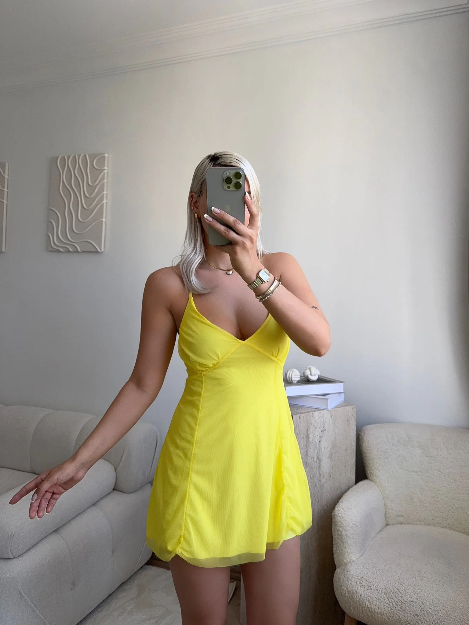 Solar Glow İnce Askılı Mini Elbise - SARI