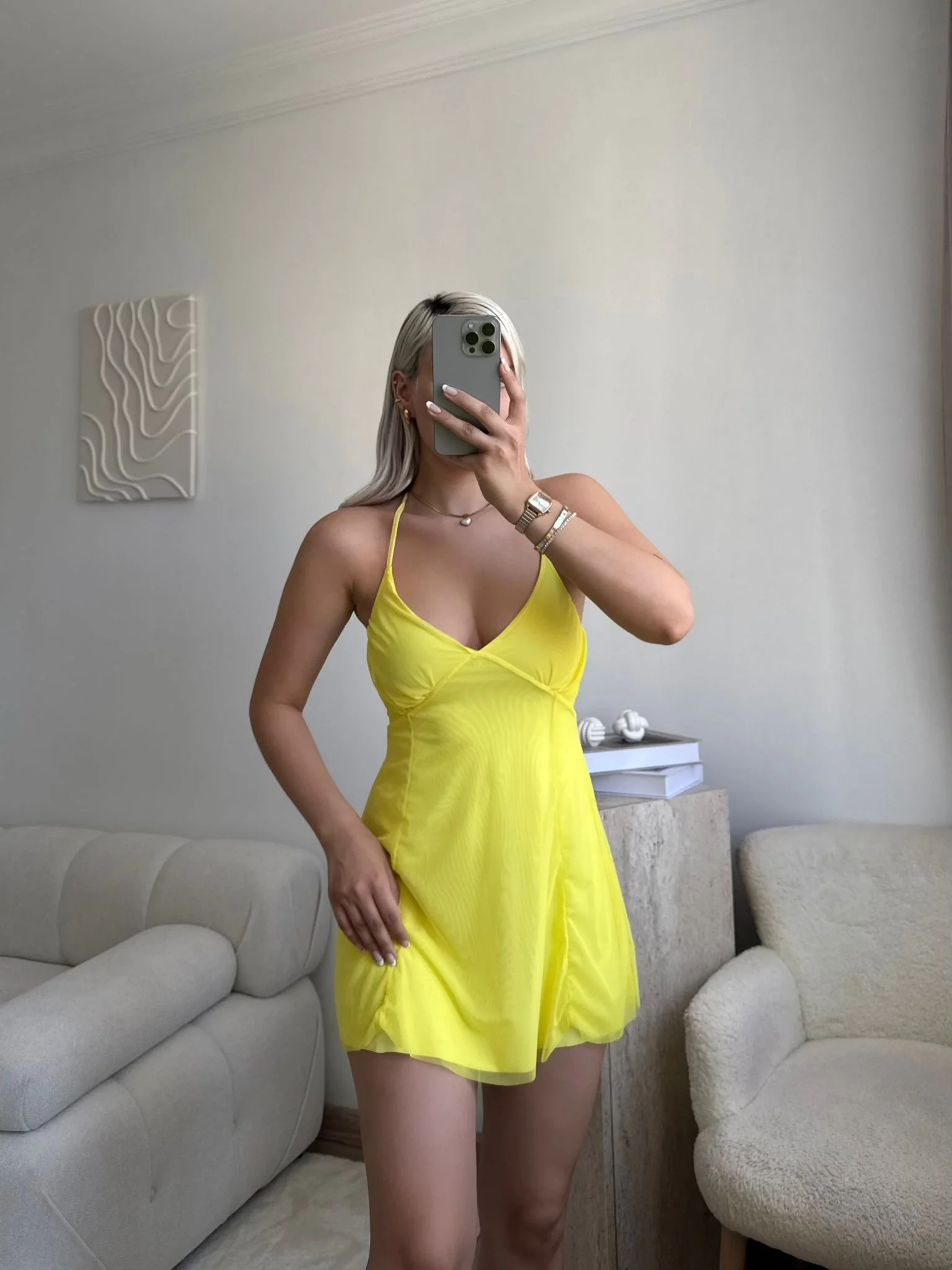 Solar Glow İnce Askılı Mini Elbise - SARI