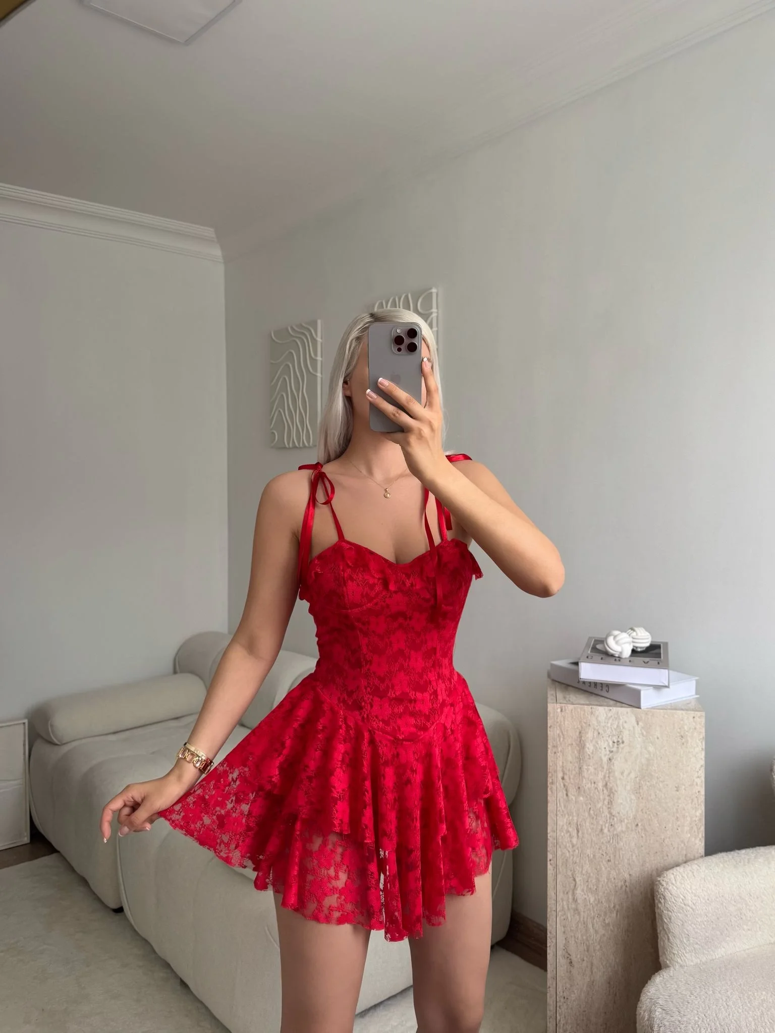 Şortlu Bel Korse Dantel Elbise - KIRMIZI