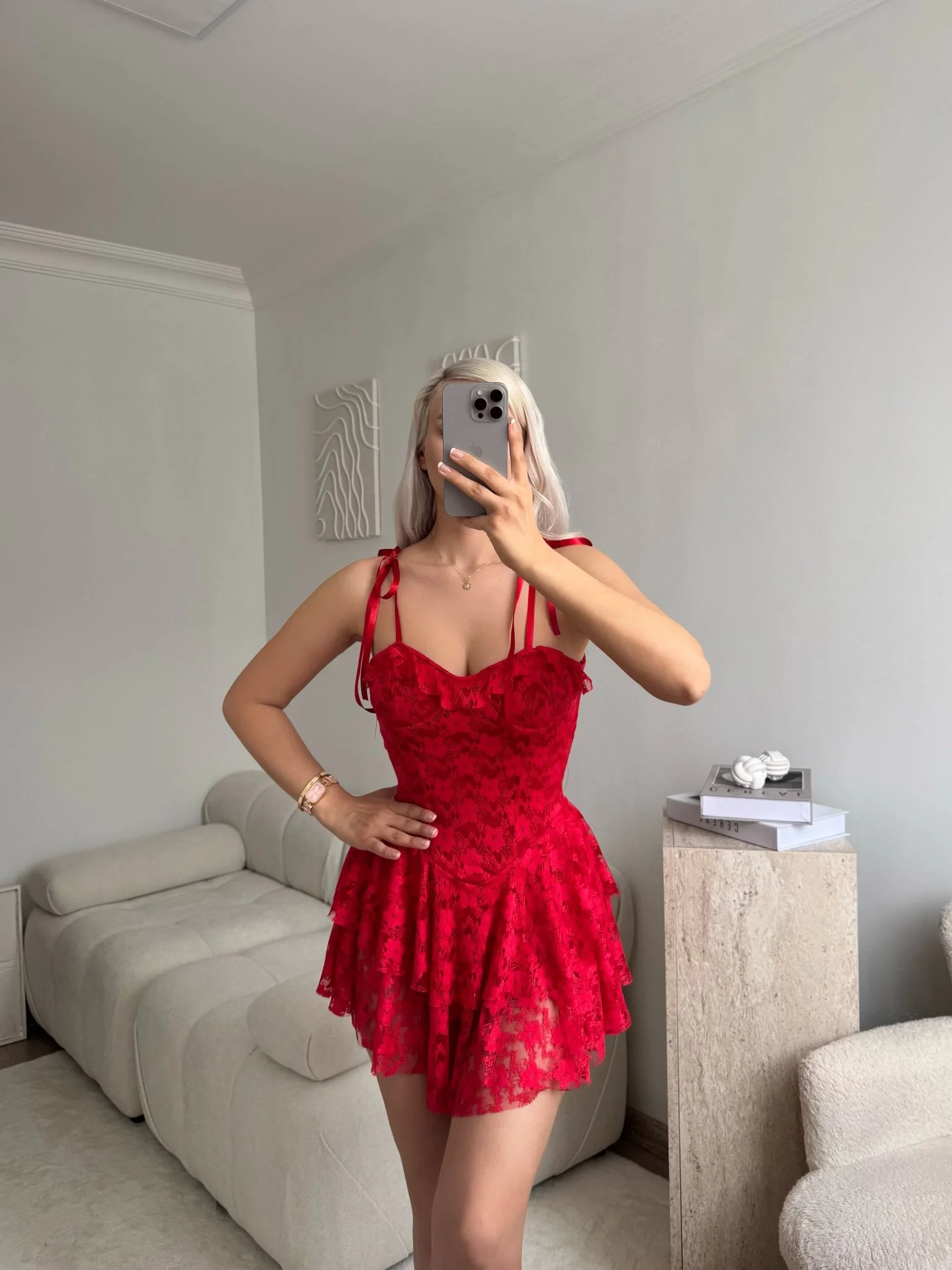 Şortlu Bel Korse Dantel Elbise - KIRMIZI