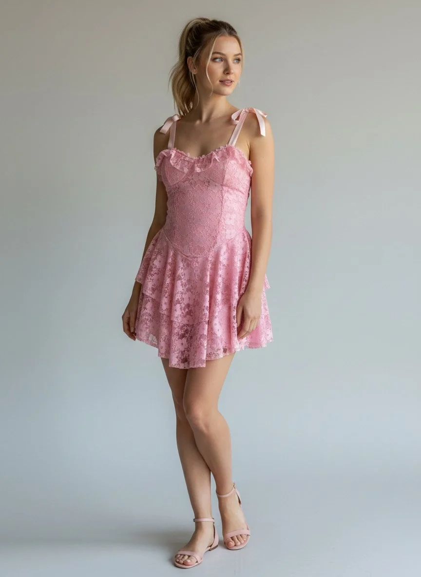 Şortlu Bel Korse Dantel Elbise - PEMBE