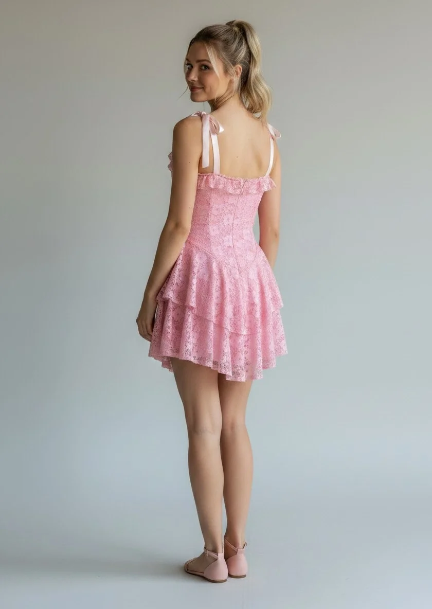 Şortlu Bel Korse Dantel Elbise - PEMBE