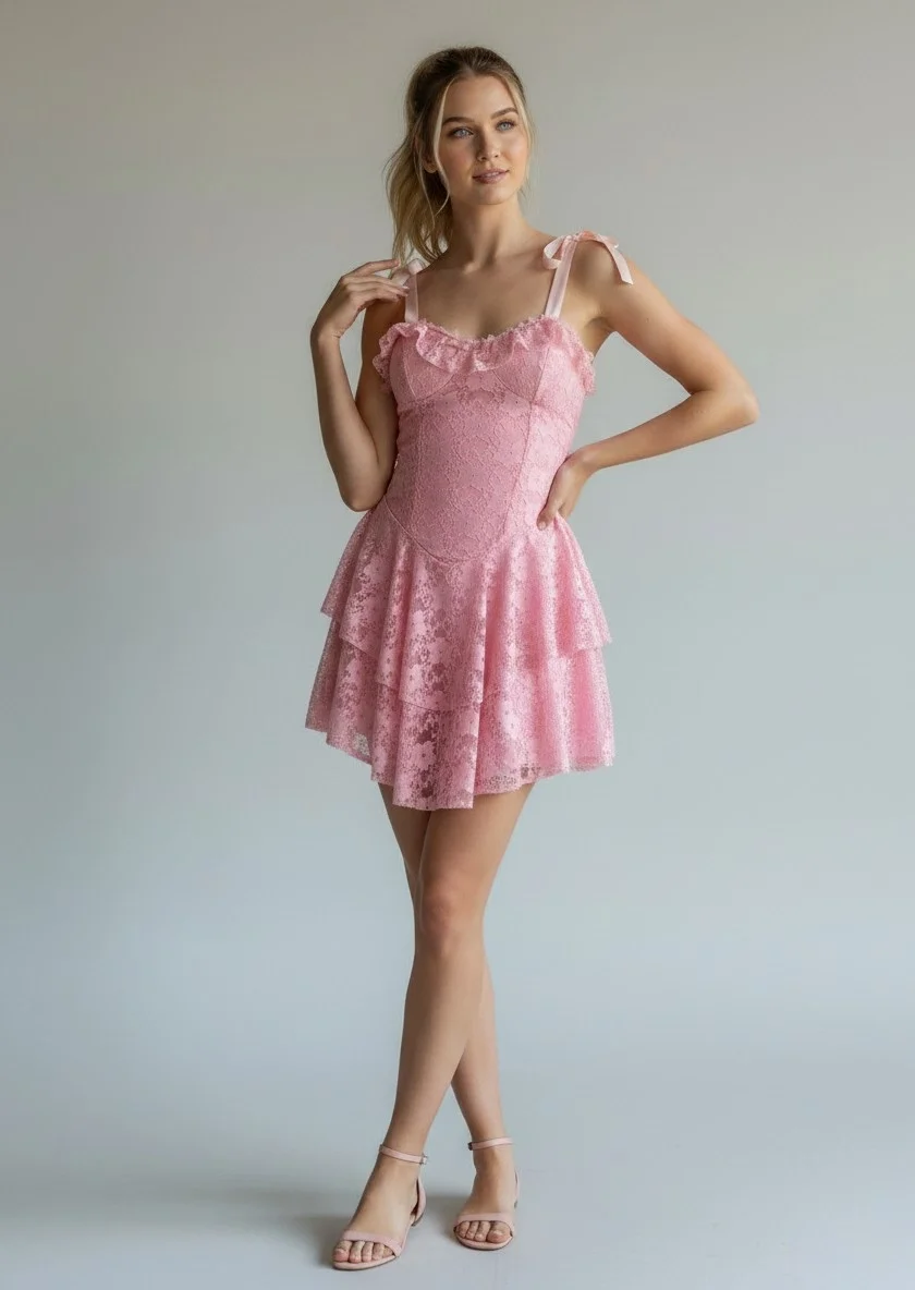 Şortlu Bel Korse Dantel Elbise - PEMBE