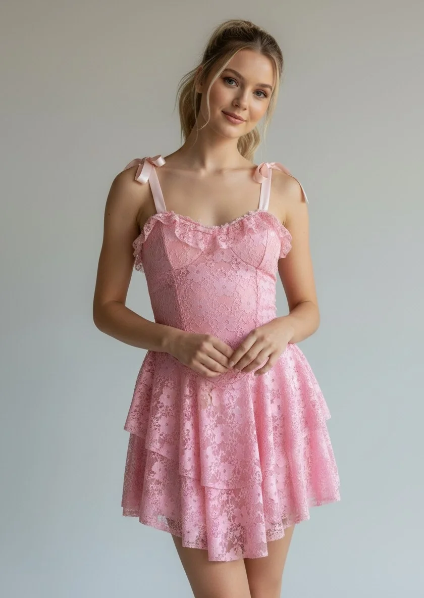 Şortlu Bel Korse Dantel Elbise - PEMBE