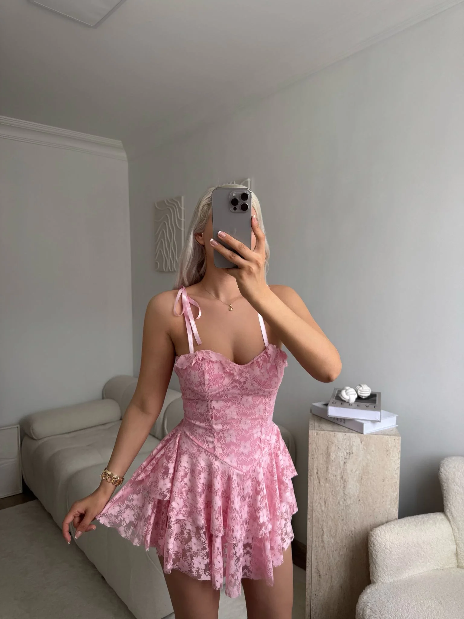 Şortlu Bel Korse Dantel Elbise - PUDRA