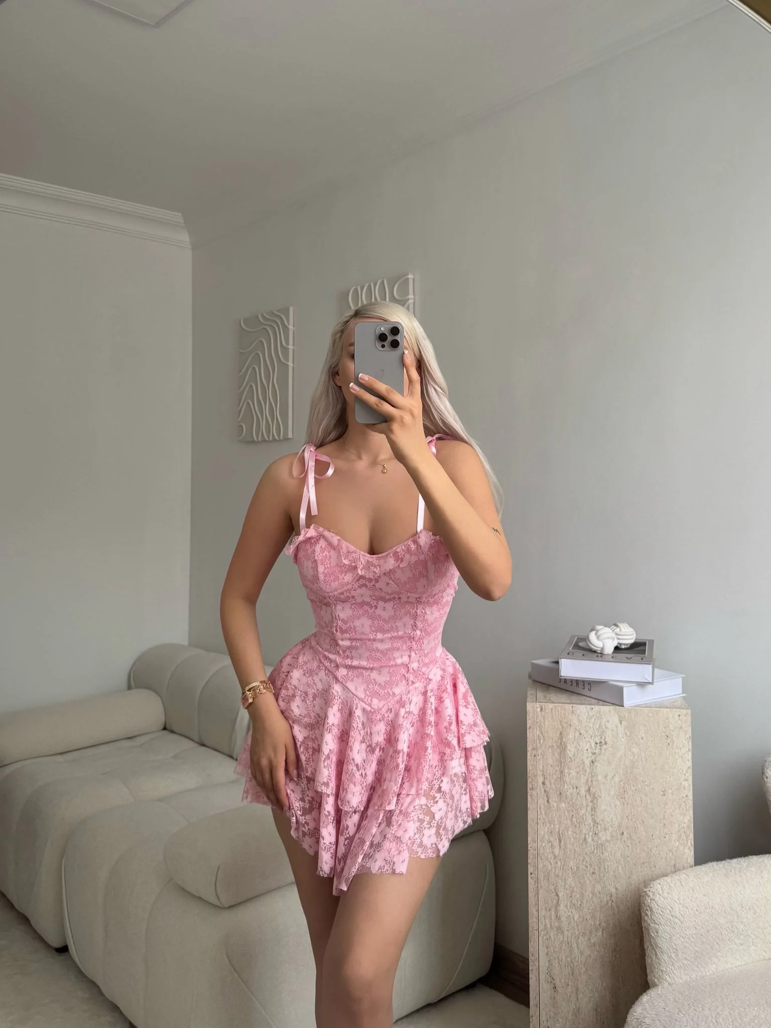 Şortlu Bel Korse Dantel Elbise - PUDRA