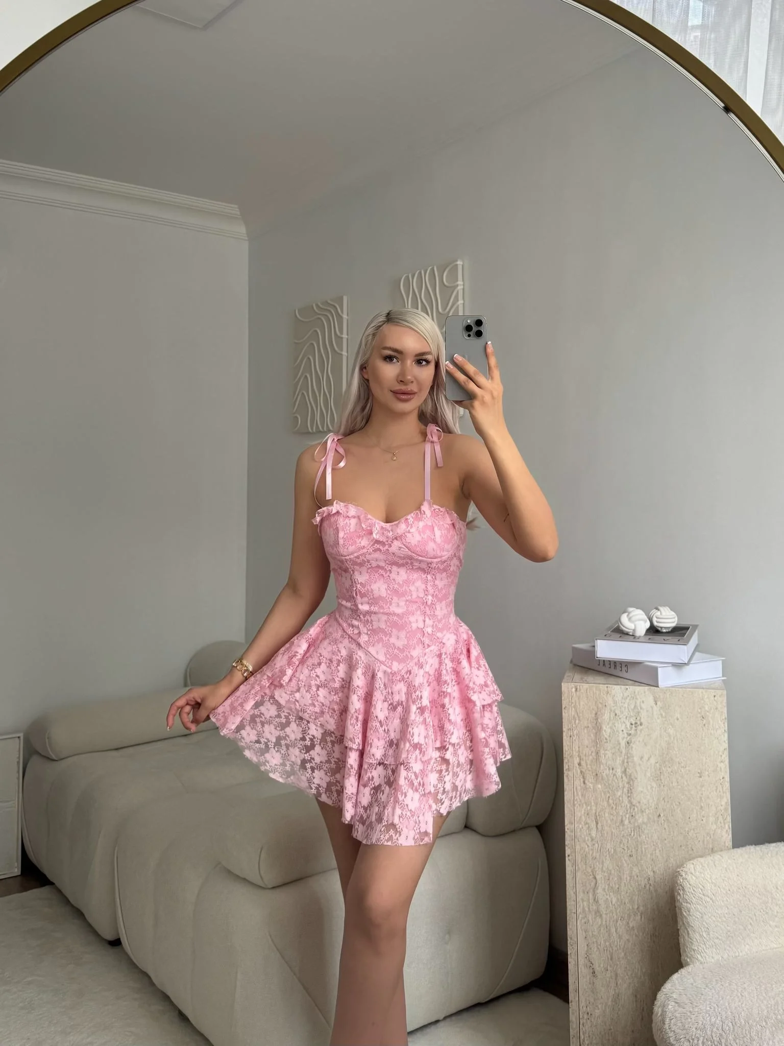 Şortlu Bel Korse Dantel Elbise - PUDRA