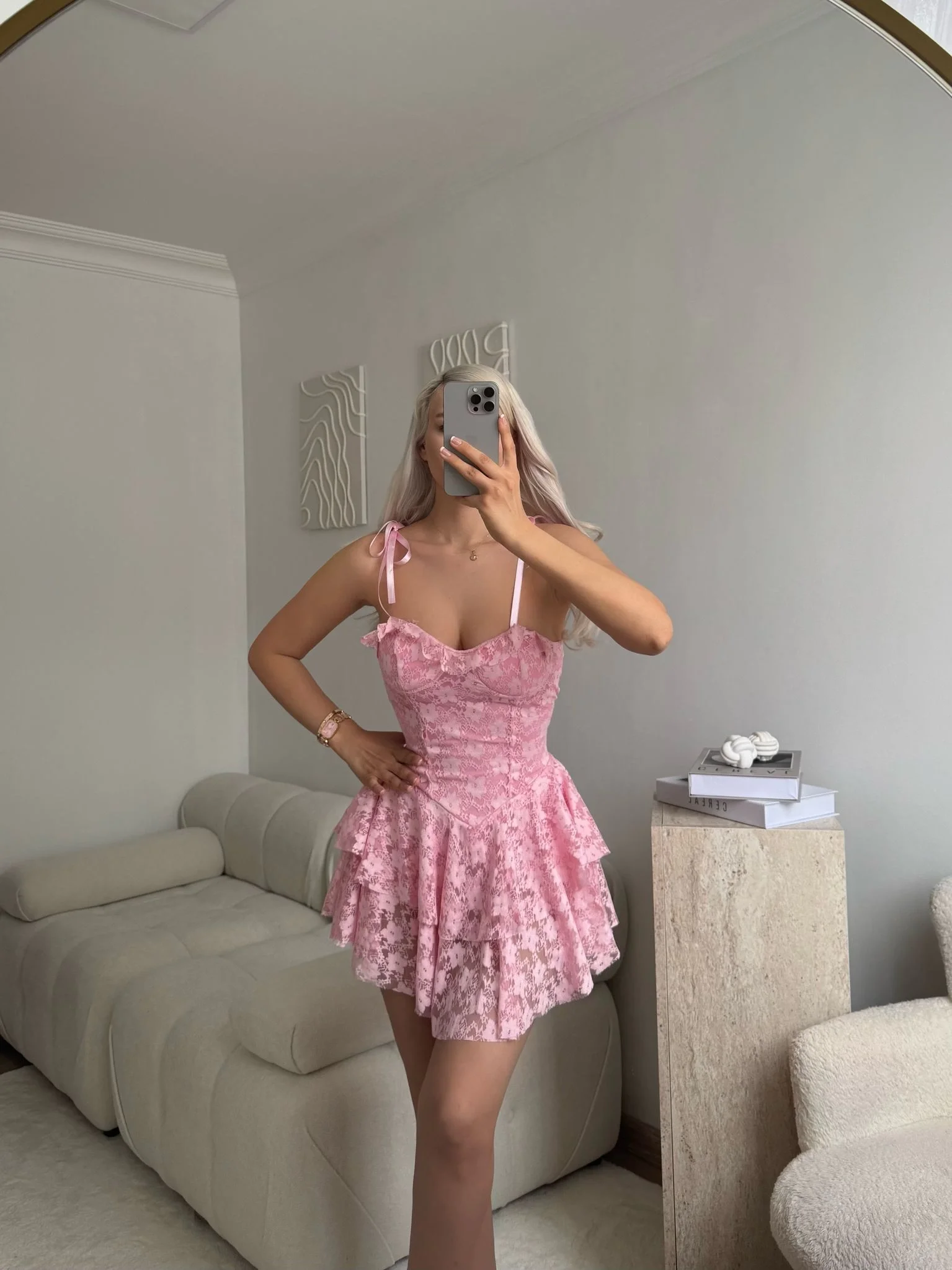 Şortlu Bel Korse Dantel Elbise - PUDRA