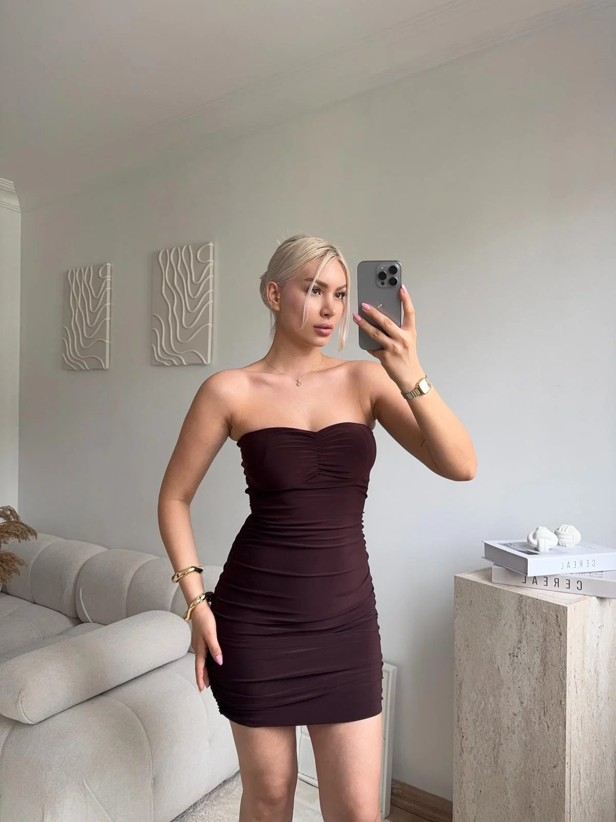 Straplez Drapeli Mini Elbise - KAHVE