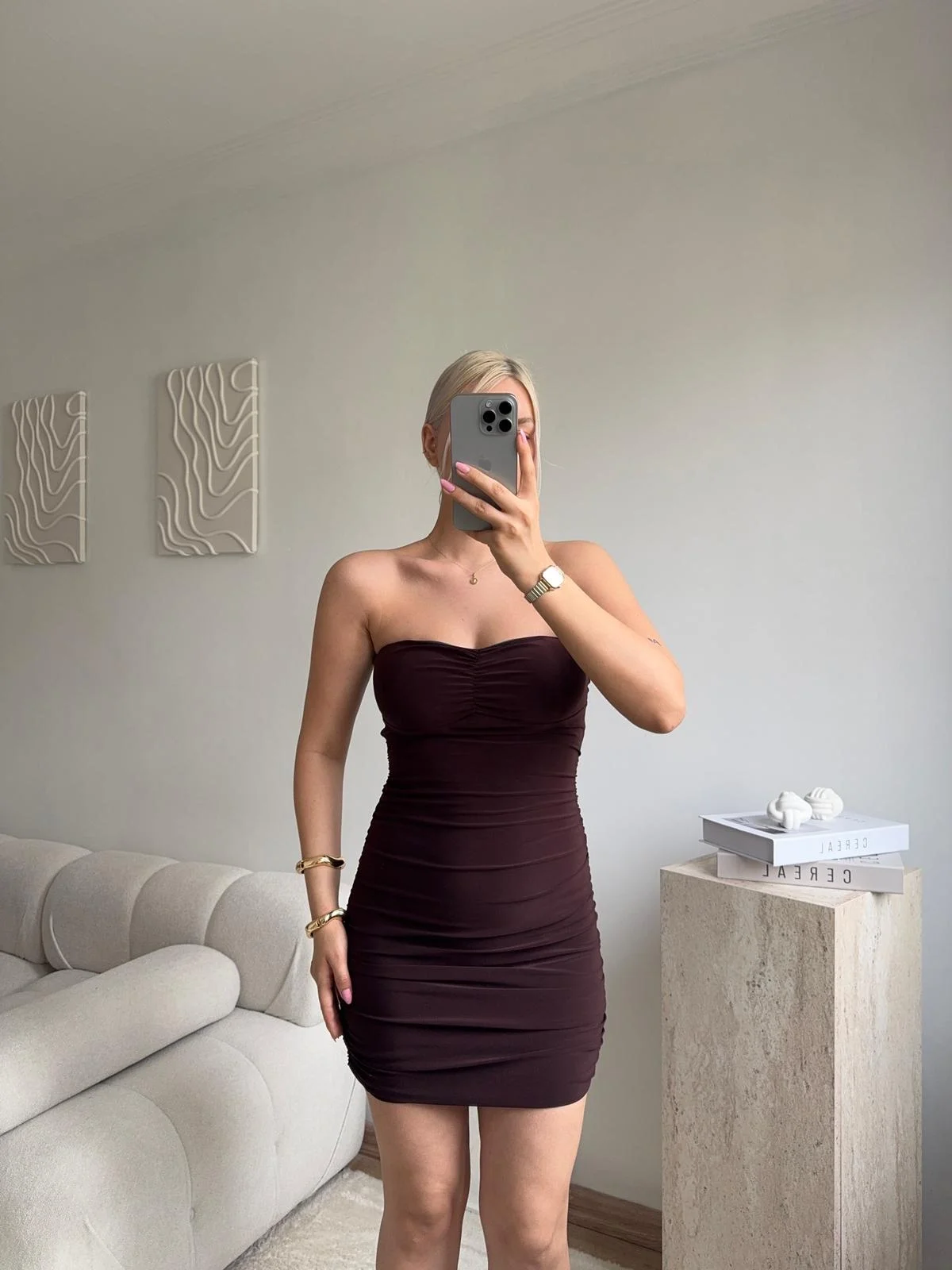 Straplez Drapeli Mini Elbise - KAHVE