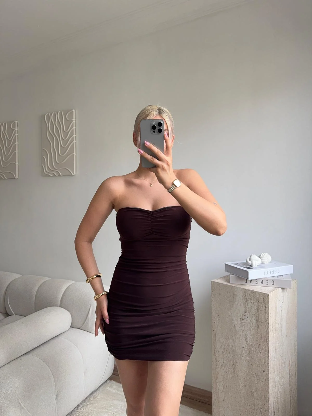 Straplez Drapeli Mini Elbise - KAHVE