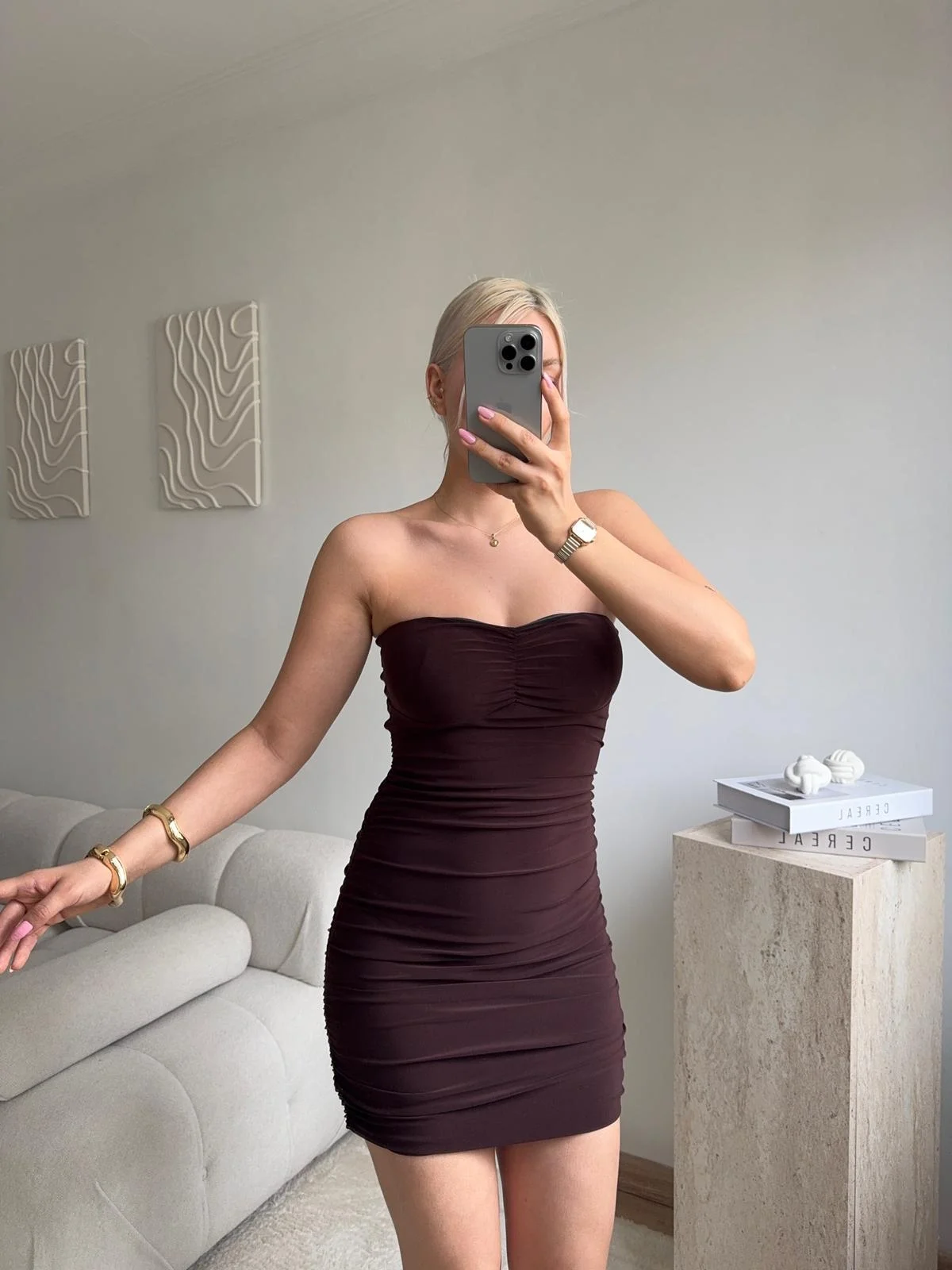 Straplez Drapeli Mini Elbise - KAHVE