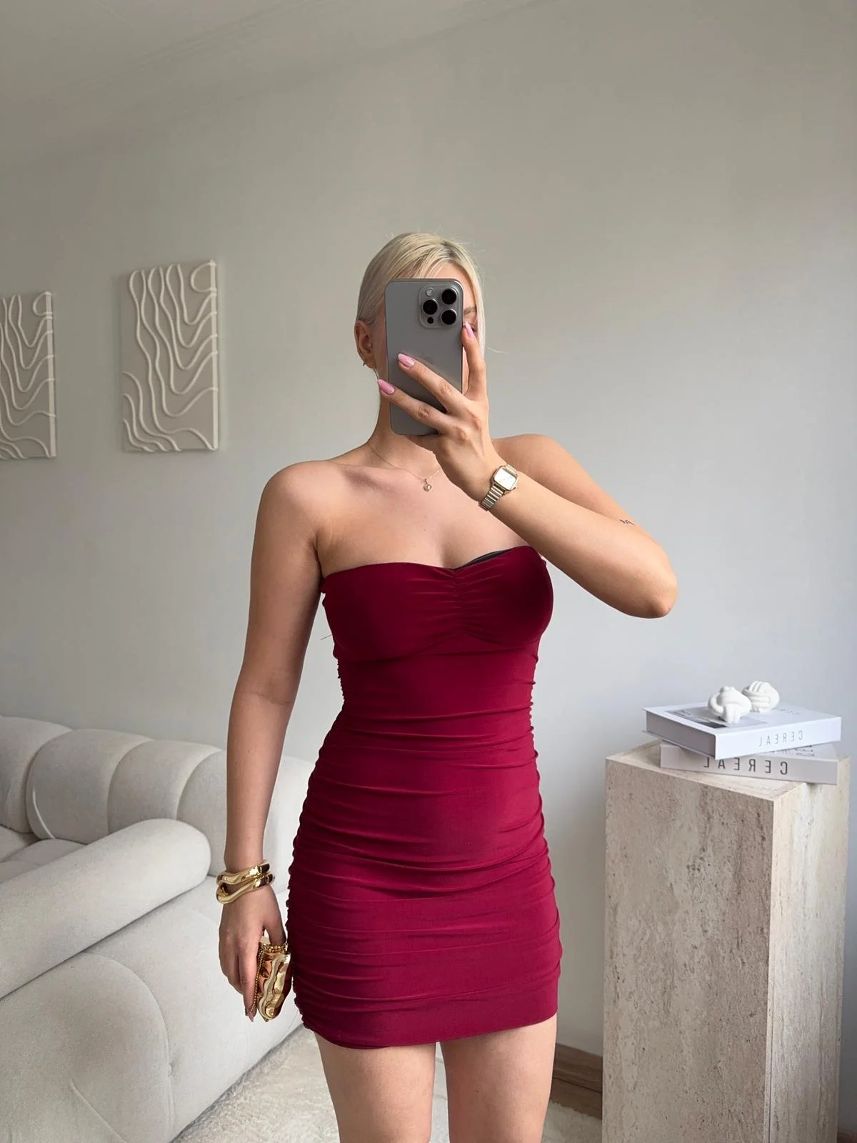 Straplez Drapeli Mini Elbise - BORDO