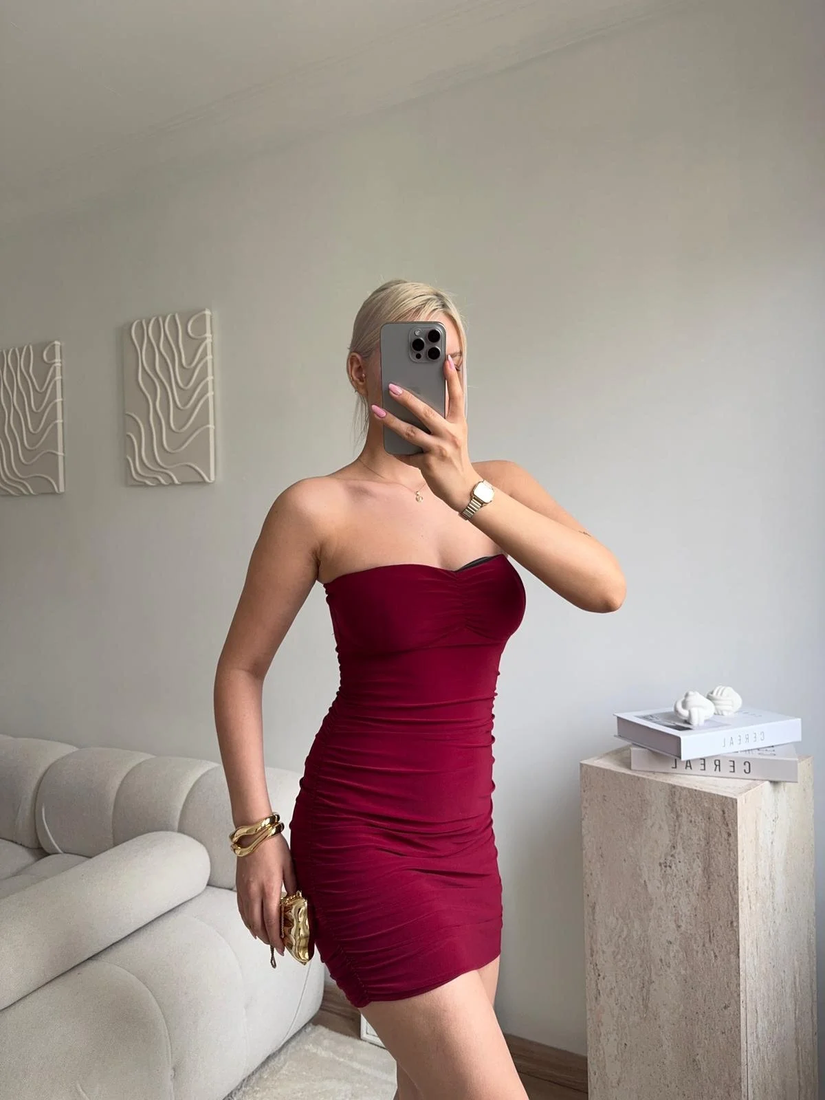 Straplez Drapeli Mini Elbise - BORDO