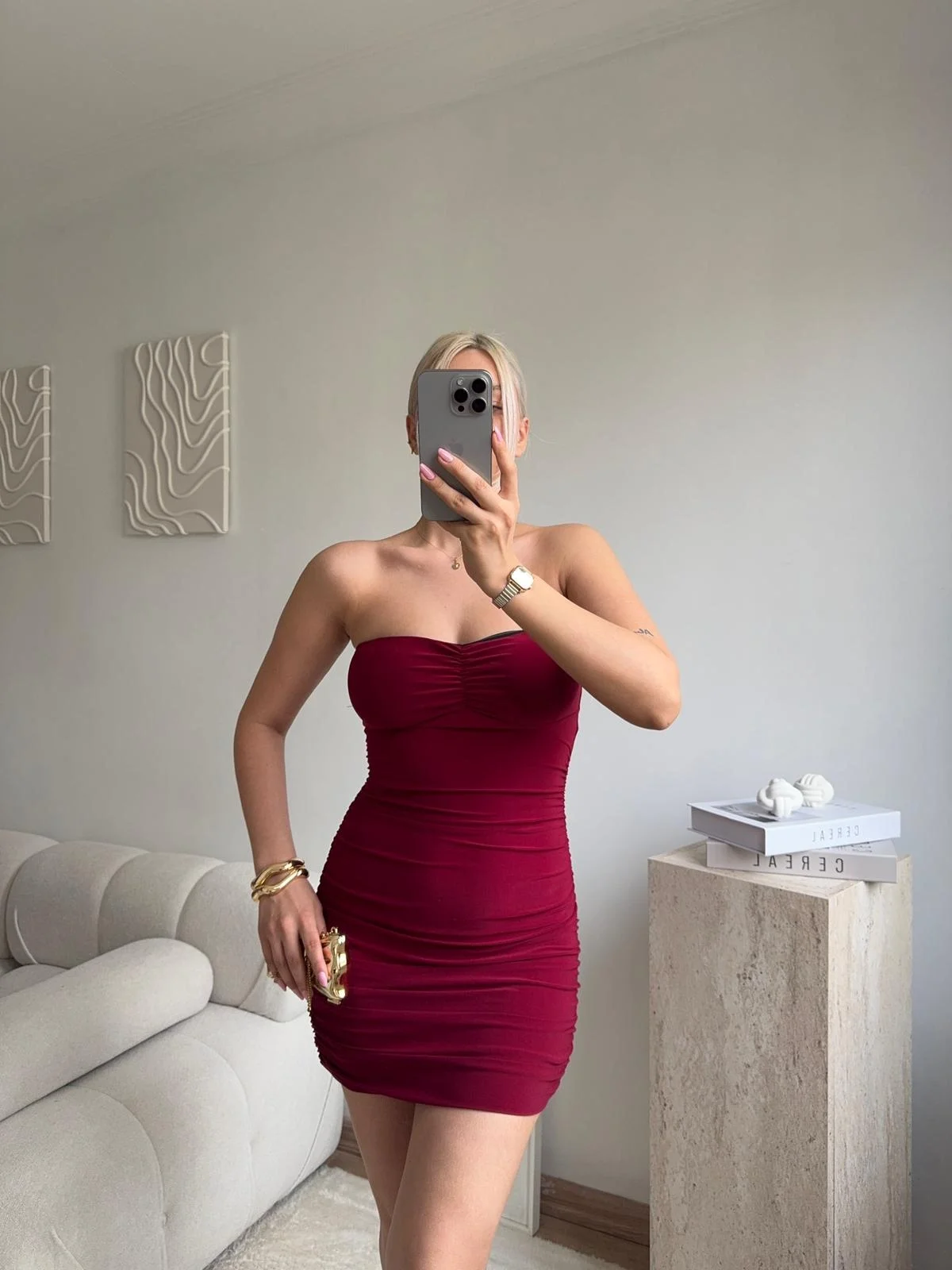 Straplez Drapeli Mini Elbise - BORDO