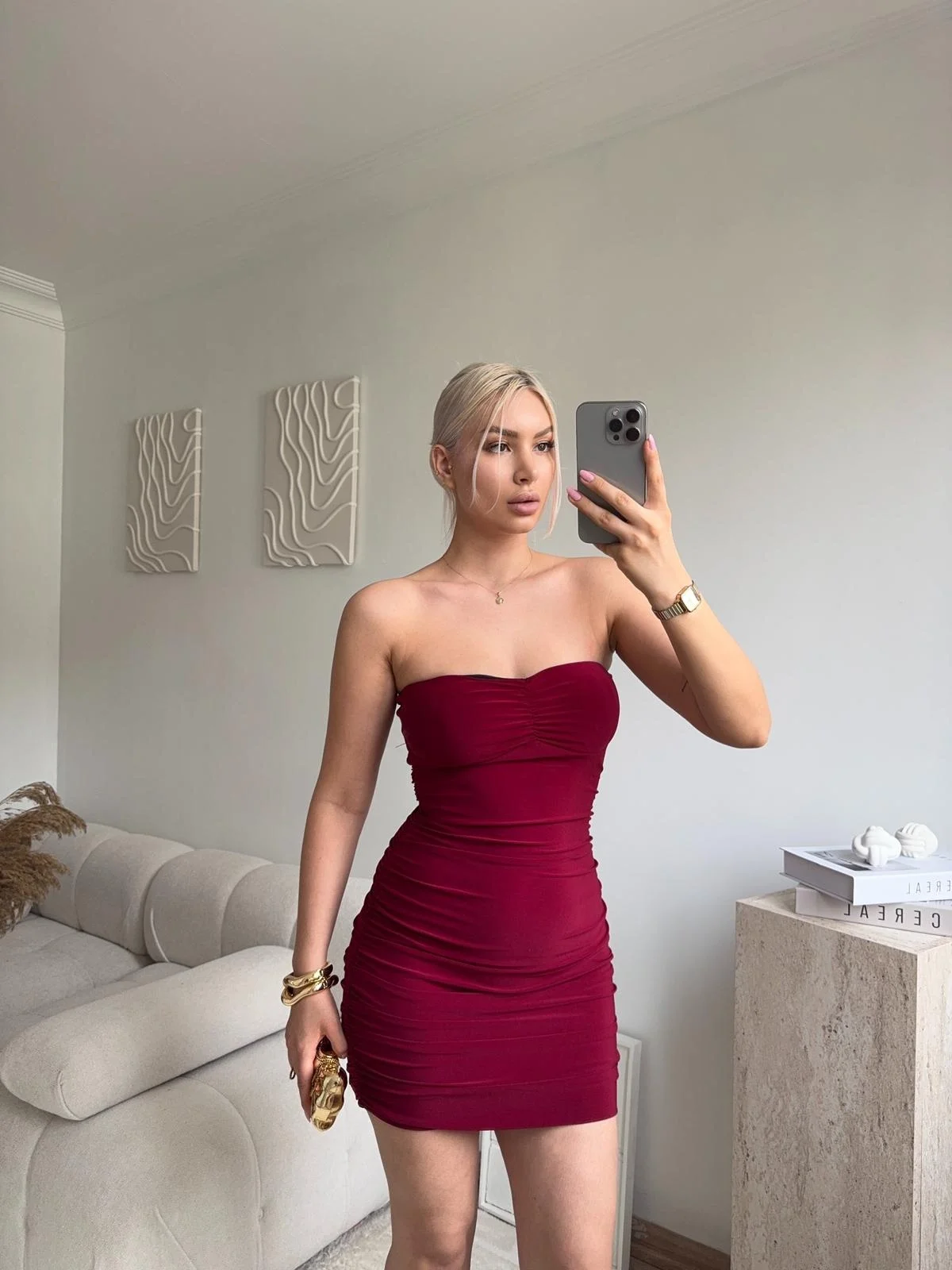 Straplez Drapeli Mini Elbise - BORDO